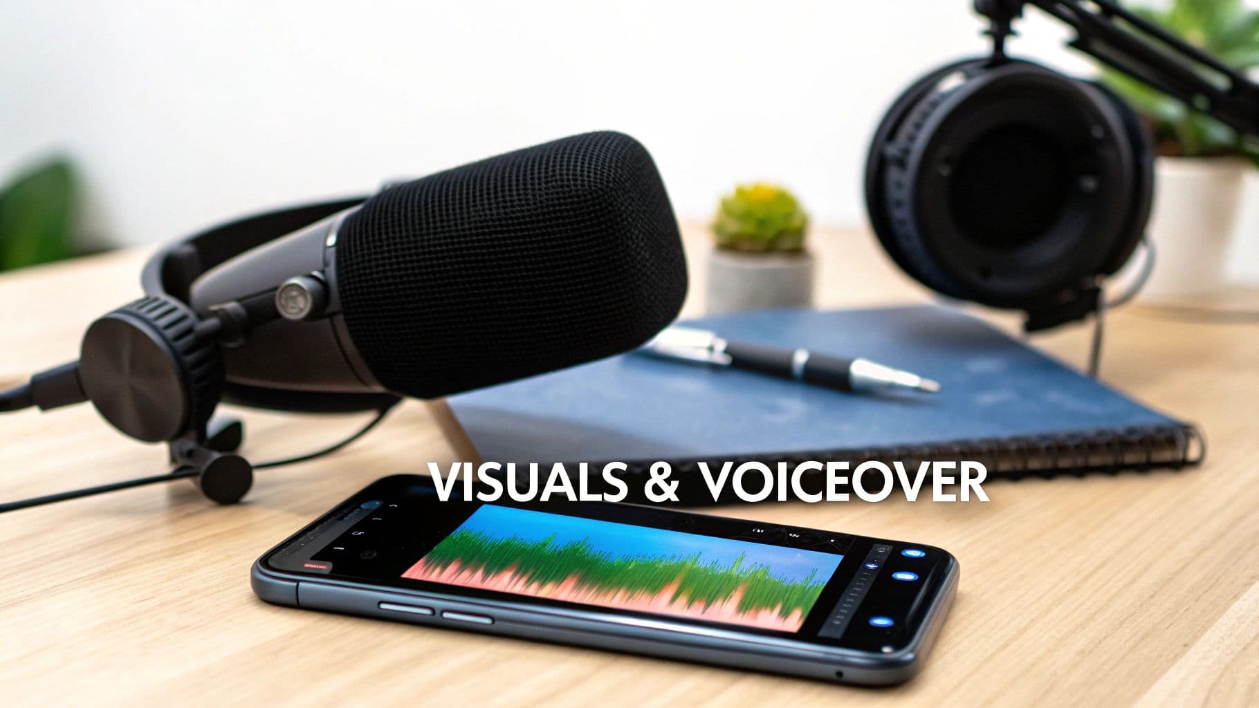 A professional recording setup with a microphone, headphones, and a smartphone displaying audio waveforms for visuals and voiceover.