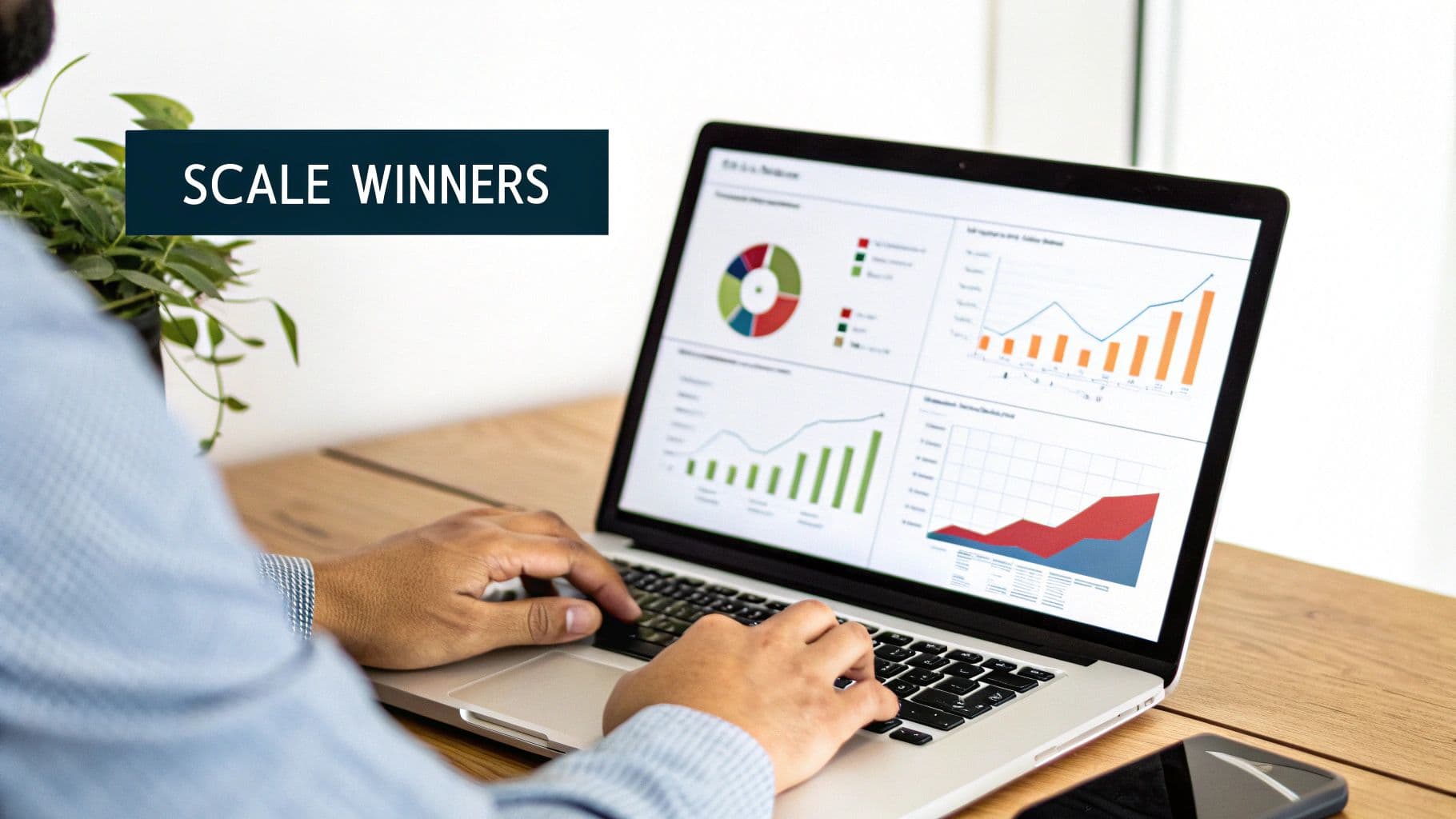 Person typing on a laptop displaying various business charts and graphs, next to a plant.