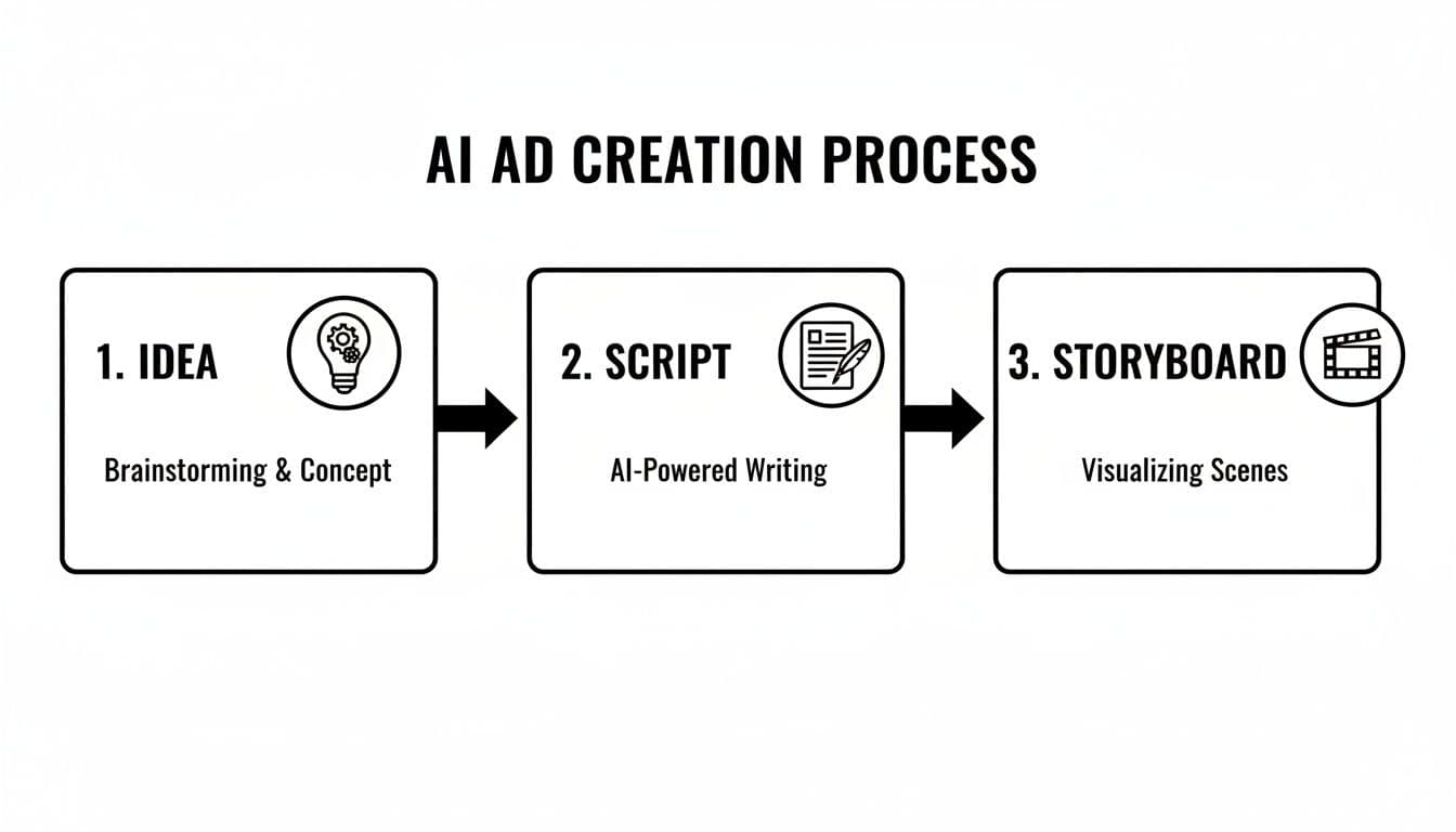 A flowchart illustrates the three-step AI ad creation process: Idea, Script, and Storyboard.