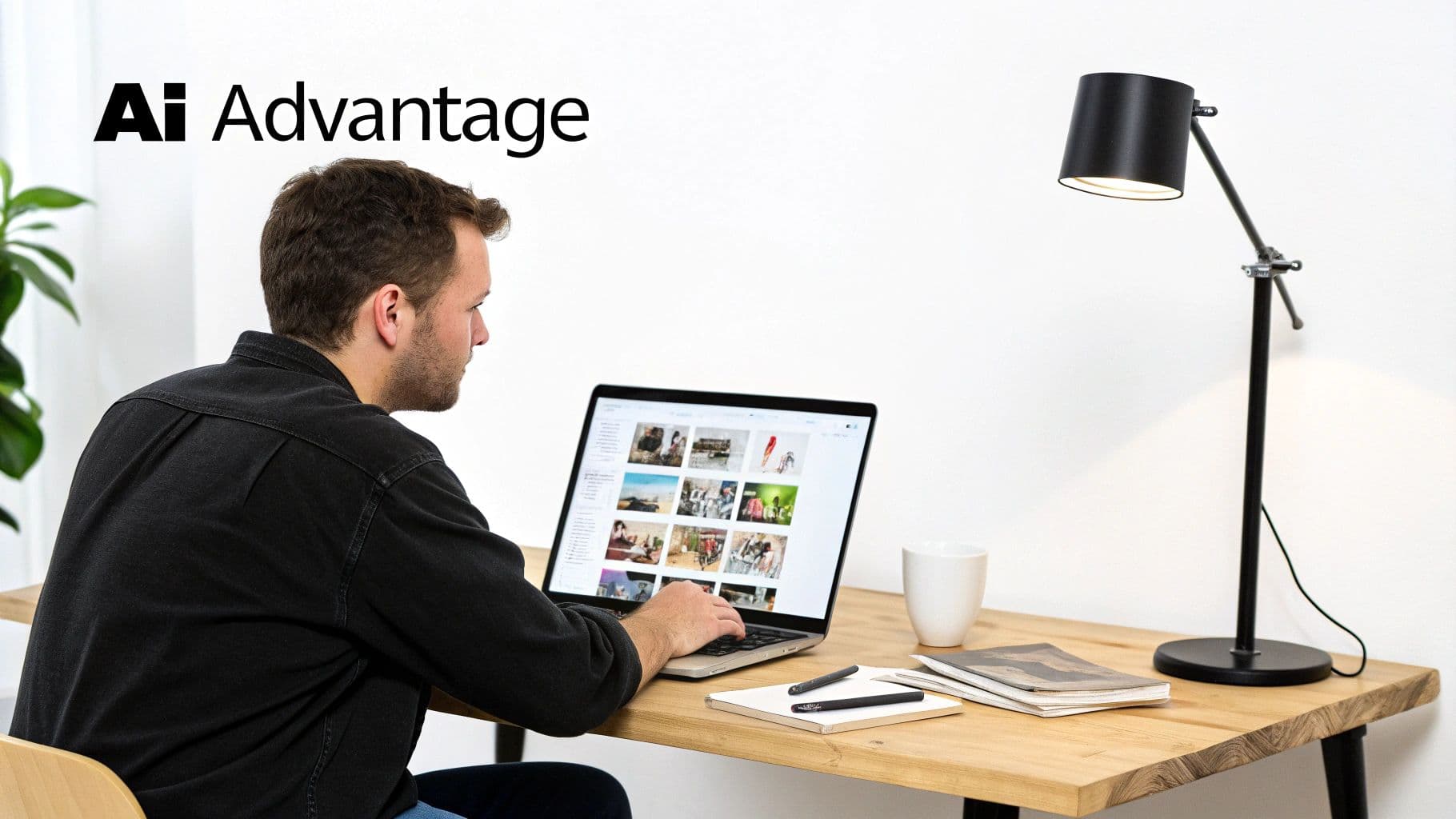 A man works on a laptop at a wooden desk, surrounded by office items.