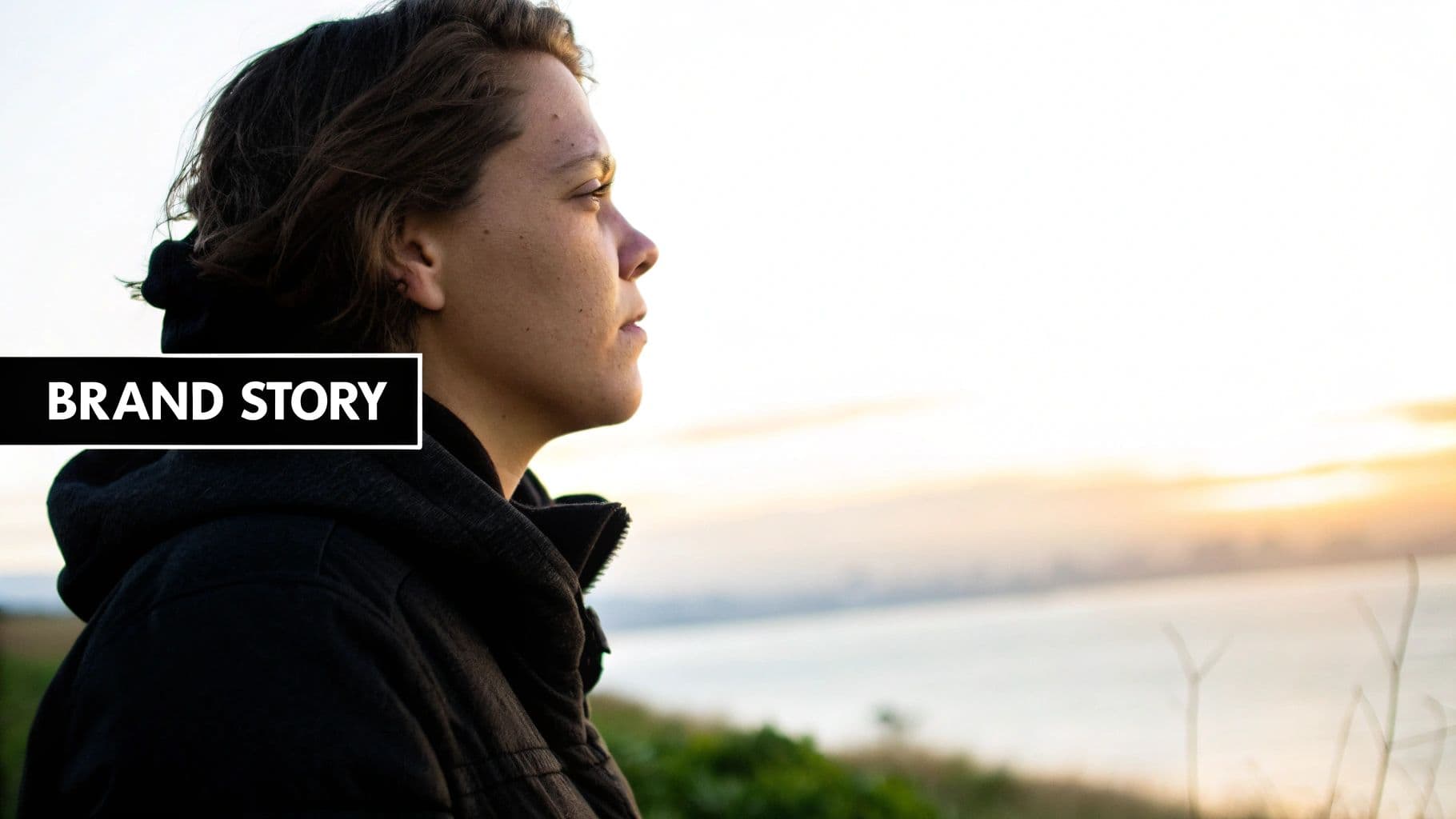 Profile of a young person in a hoodie looking out at a calm bay at sunrise, with 'BRAND STORY' text.