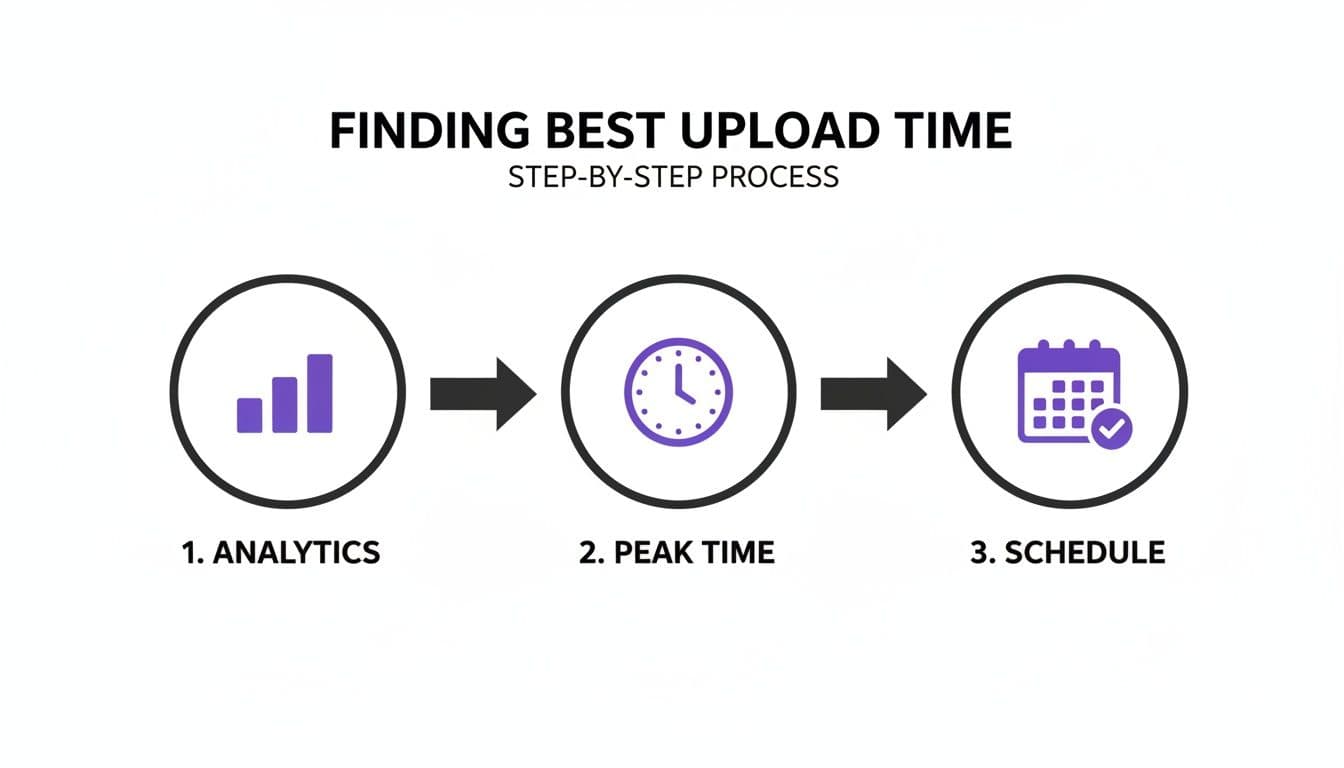 Step-by-step process: finding best upload time using analytics, identifying peak time, and scheduling.