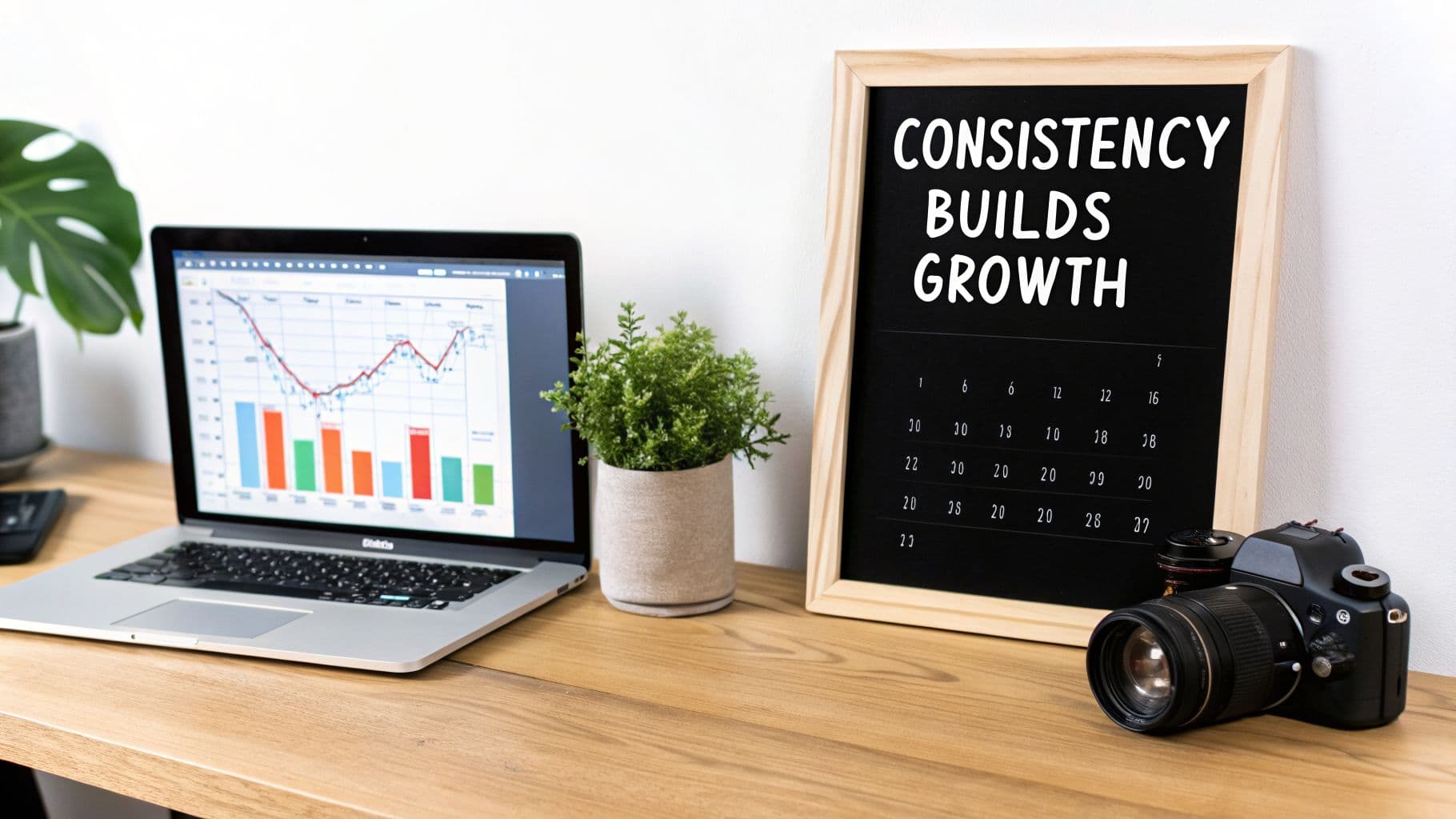 A tidy workspace featuring a laptop displaying growth charts, a plant, a 'Consistency Builds Growth' board, and a camera.