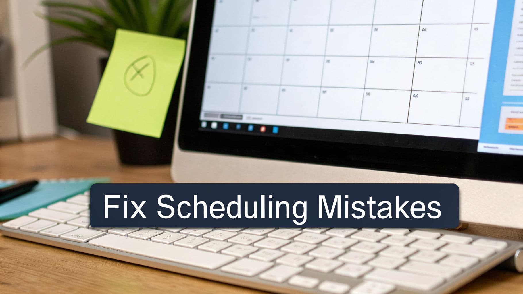 A desk with a computer displaying a calendar, a keyboard, and a sticky note, representing fixing scheduling mistakes.