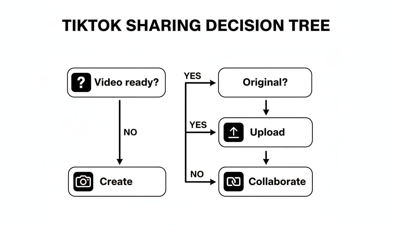 A TikTok sharing decision tree flowchart, guiding users through video creation, originality, uploading, and collaboration.
