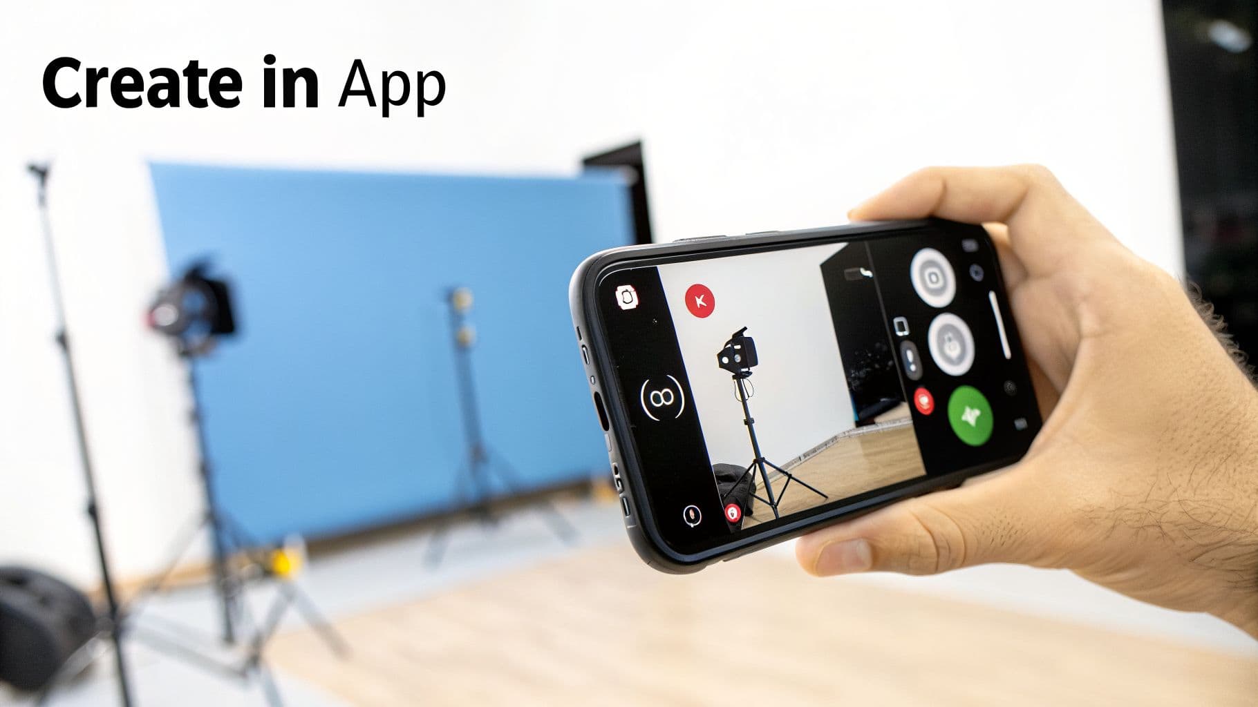 A hand holding a smartphone displaying a camera app interface in a professional photo studio setup.