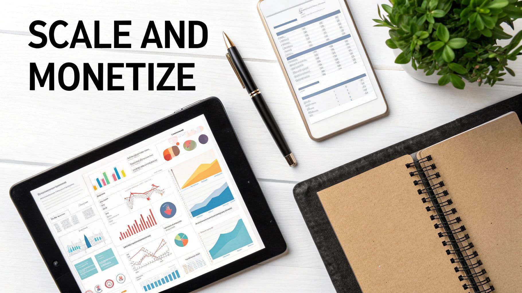 Flat lay of a modern workspace with a tablet and smartphone displaying business data, ideal for scaling and monetizing.