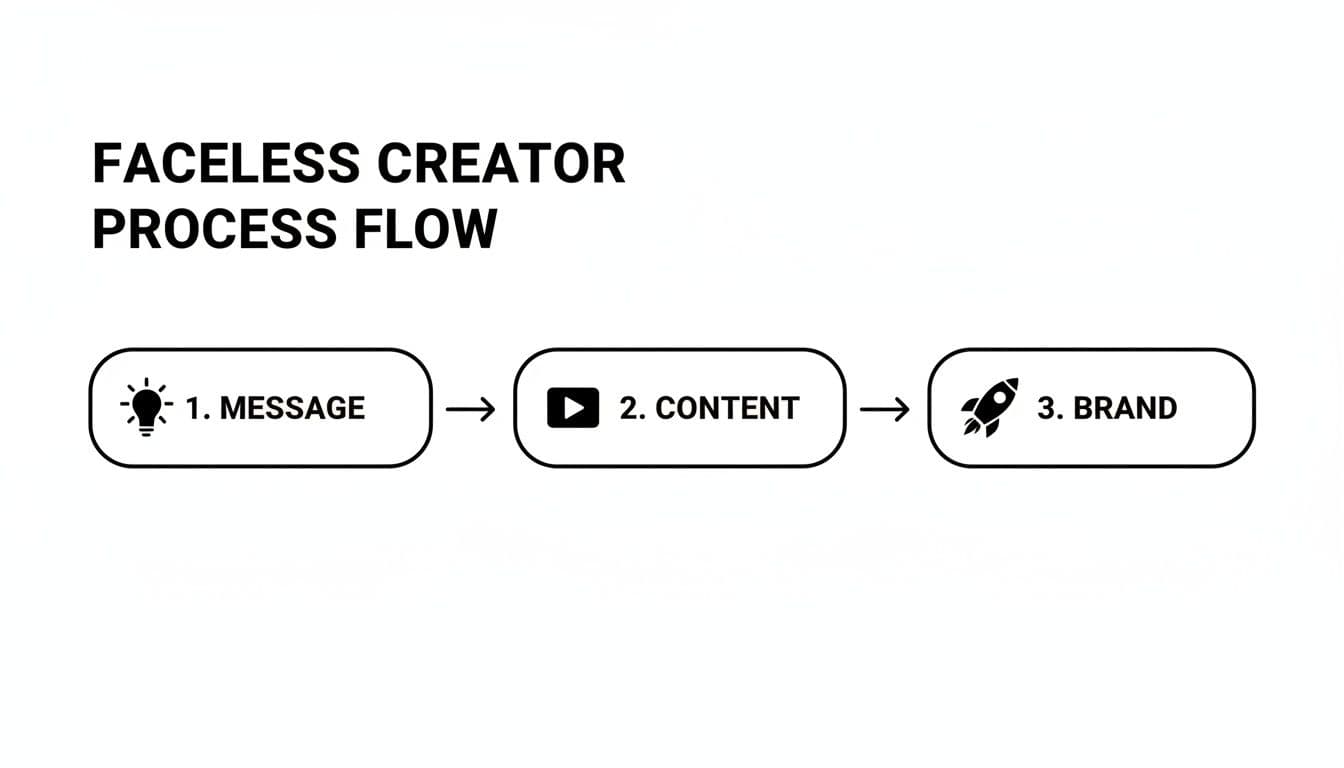 A process flow diagram illustrating three steps for a faceless creator: 1. Message (lightbulb), 2. Content (play button), and 3. Brand (rocket).