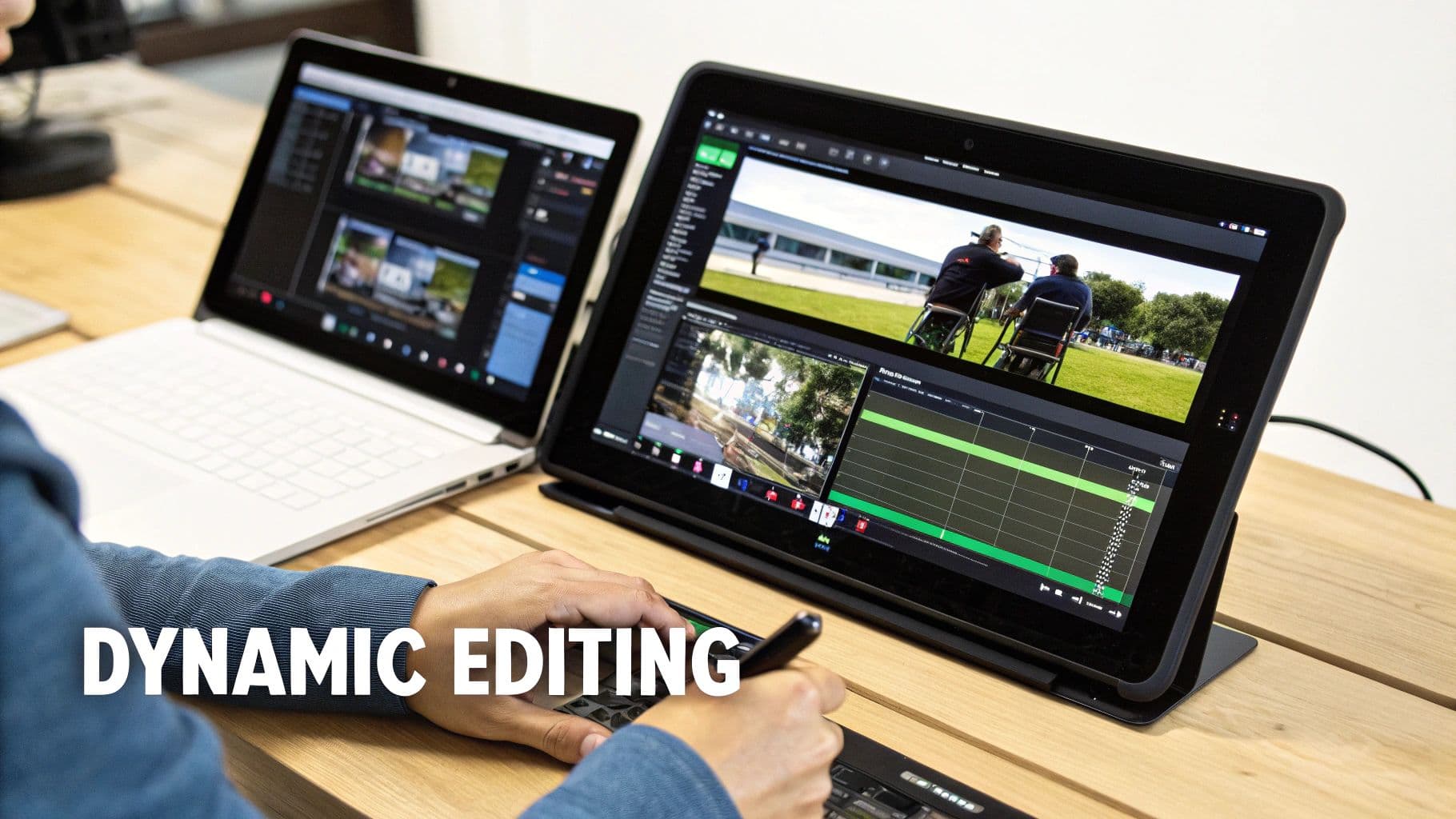 A person editing videos on a laptop and tablet, using a stylus and specialized keyboard.