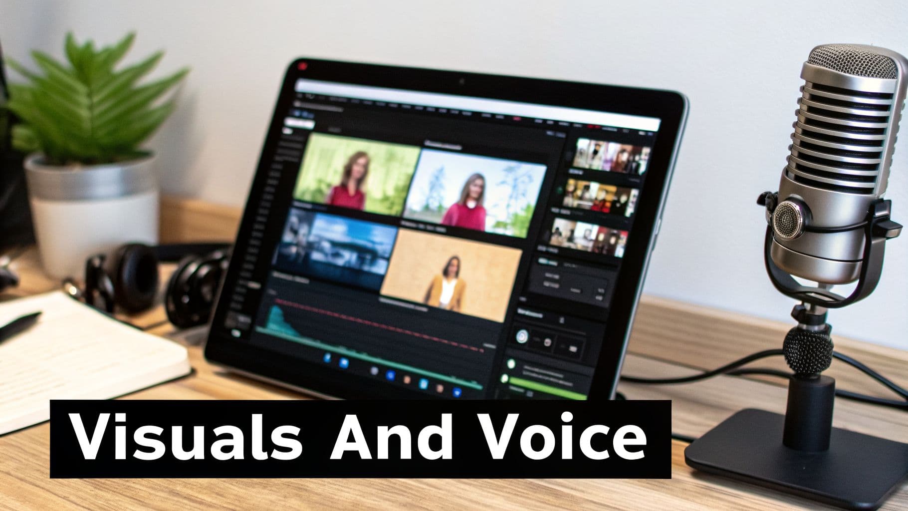 A desktop setup with a tablet showing video editing software, a microphone, headphones, and a notebook.