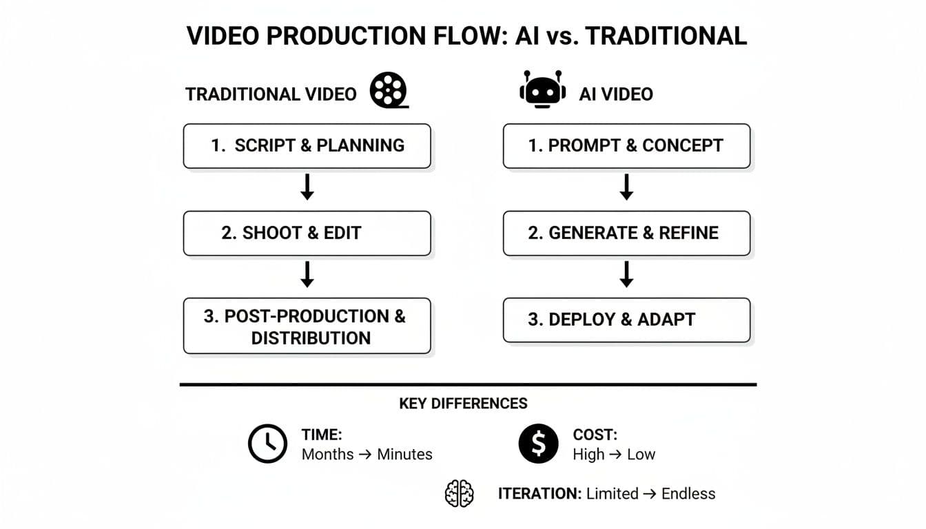 Flowchart comparing traditional versus AI video production processes, showing differences in time, cost, and iteration.