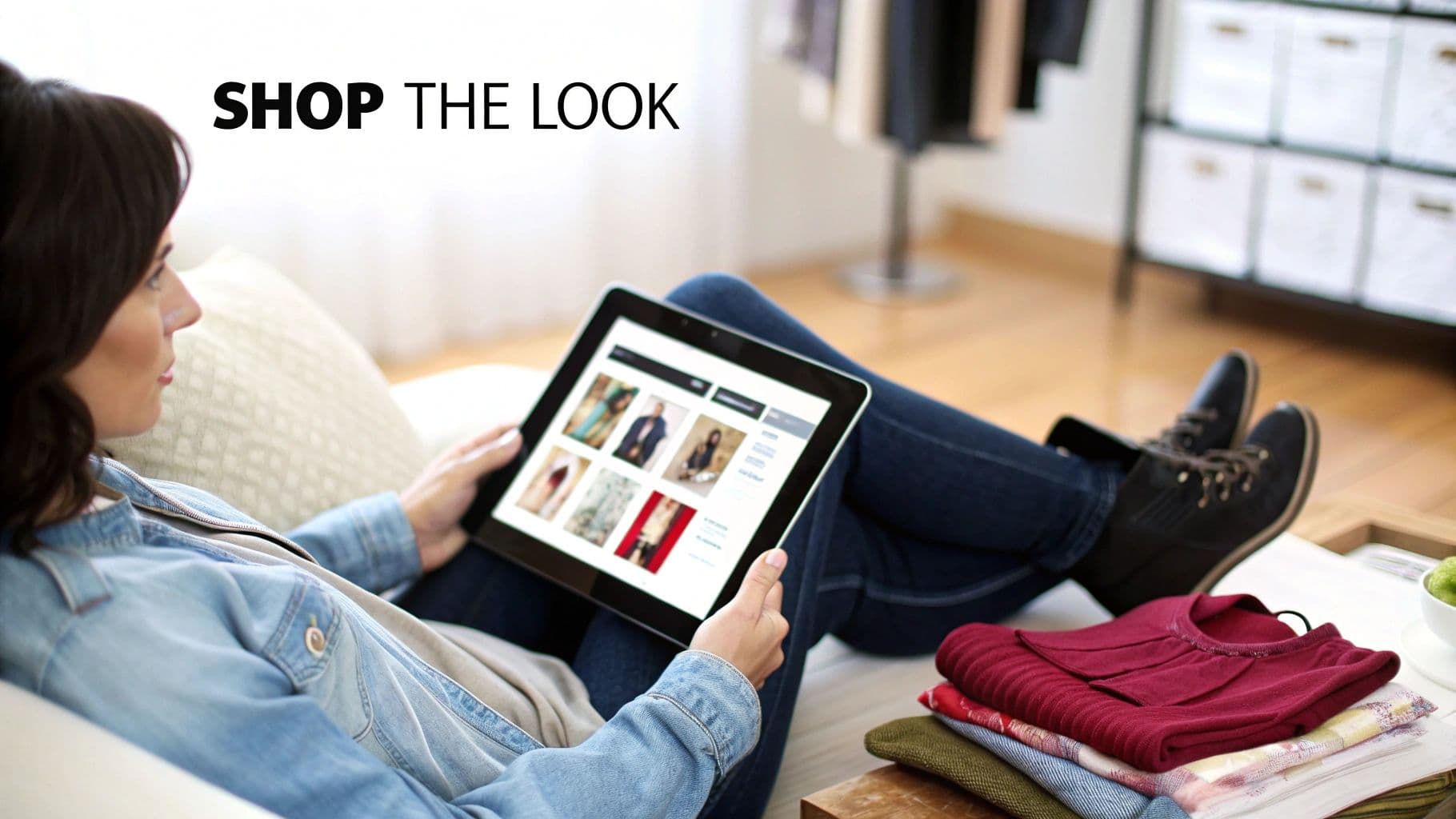 Woman reclining on a couch, browsing fashion items on a tablet, with folded clothes.
