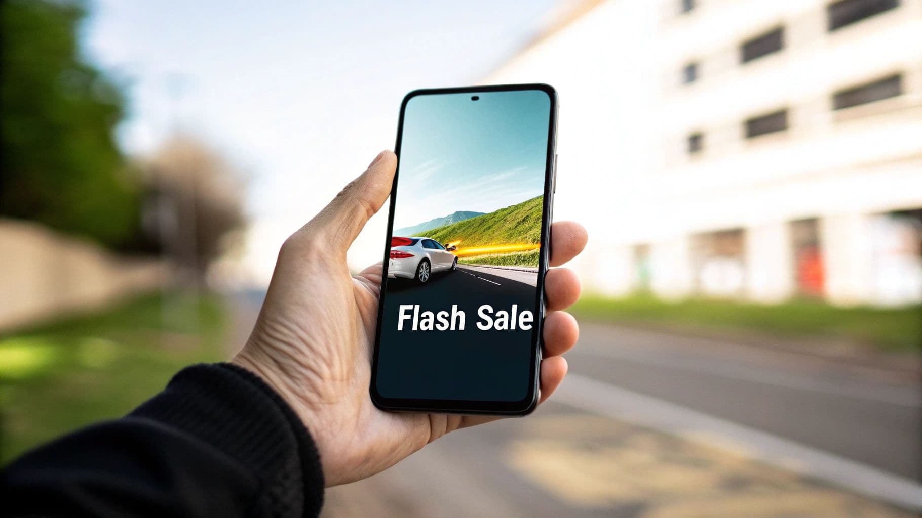 A hand holds a smartphone displaying a 'Flash Sale' for a car on a scenic road.
