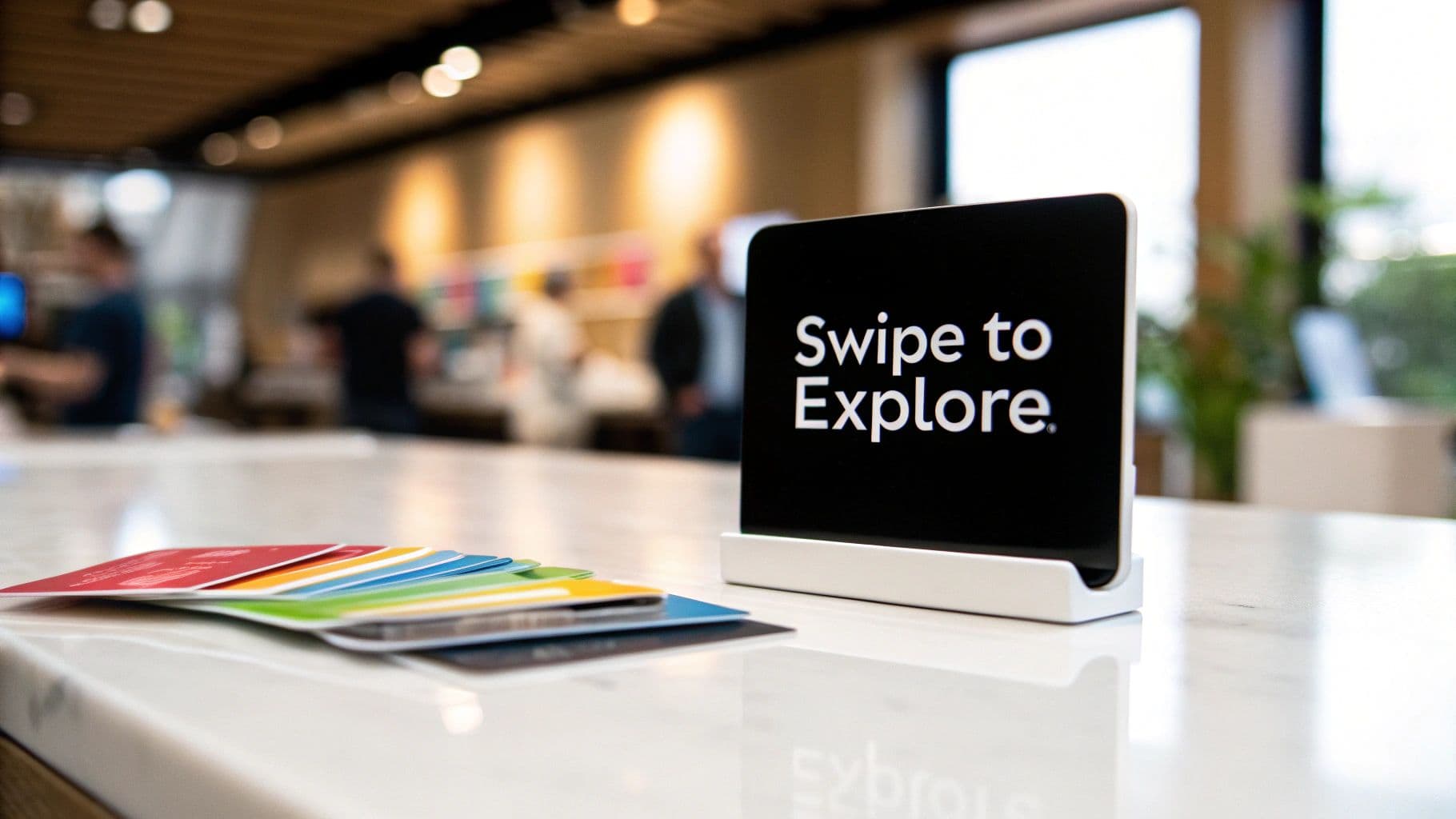 A sleek digital display reads "Swipe to Explore" next to a stack of colorful cards on a modern counter.