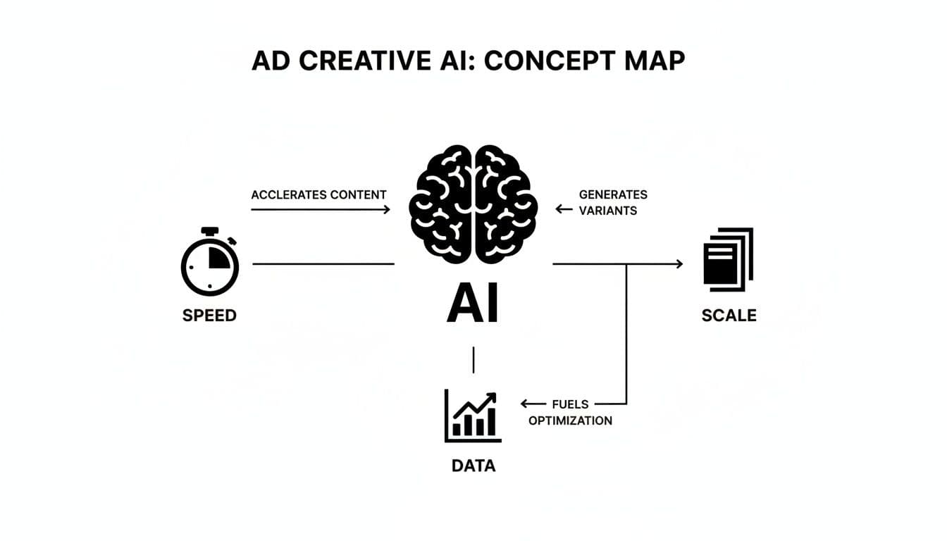 Concept map illustrating how AD Creative AI leverages speed to generate content for scale and data optimization.