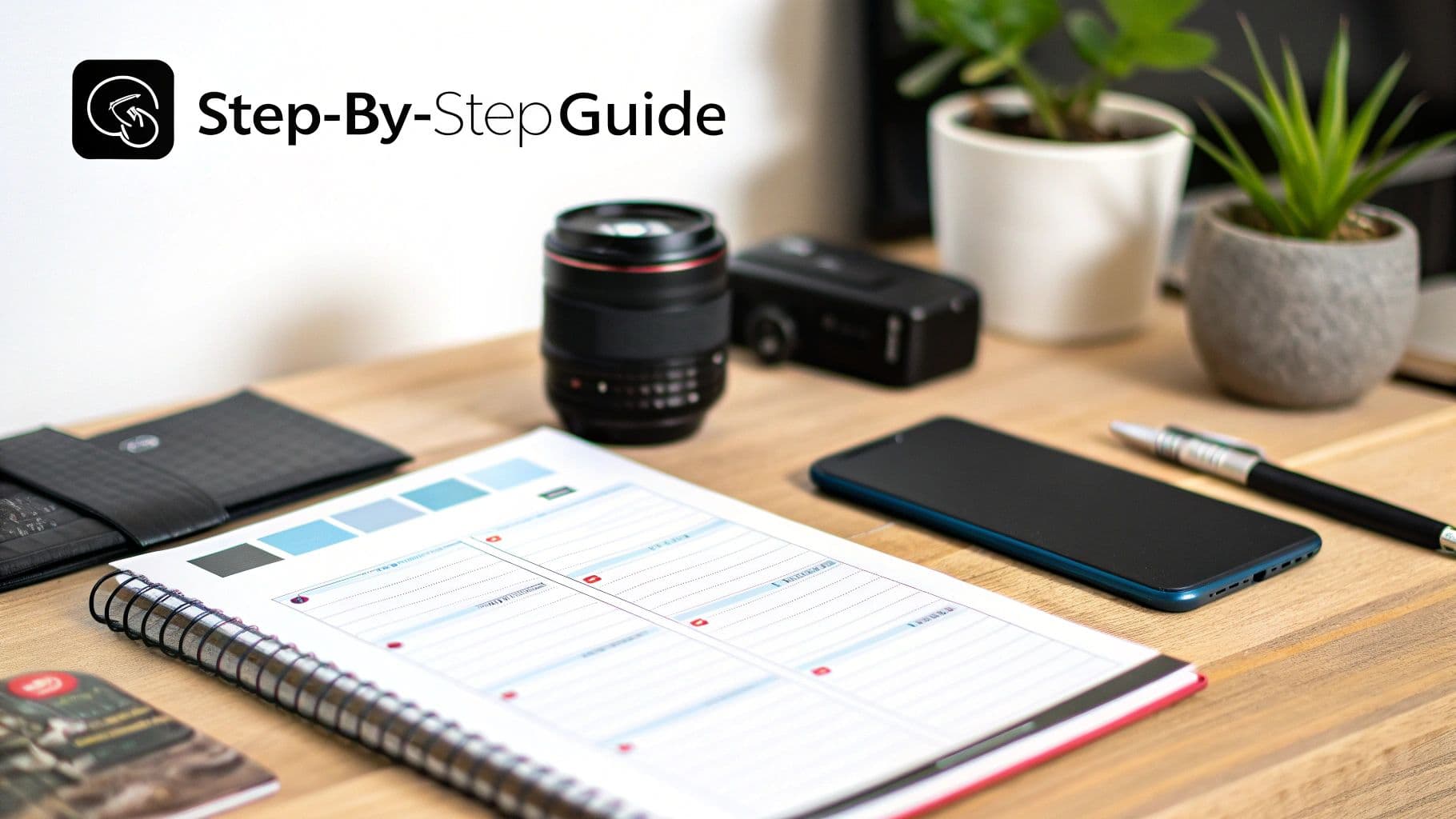 A desk setup with a planner, phone, camera gear, and plants, titled 'Step-By-Step Guide'.