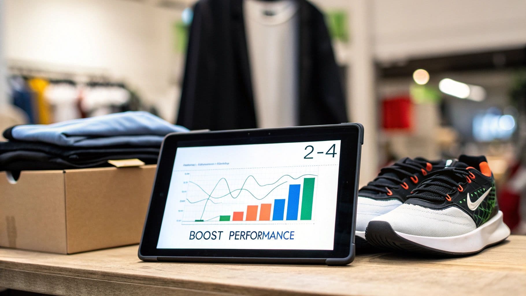 A tablet displays a 'BOOST PERFORMANCE' graph next to Nike running shoes and folded clothes in a retail setting.