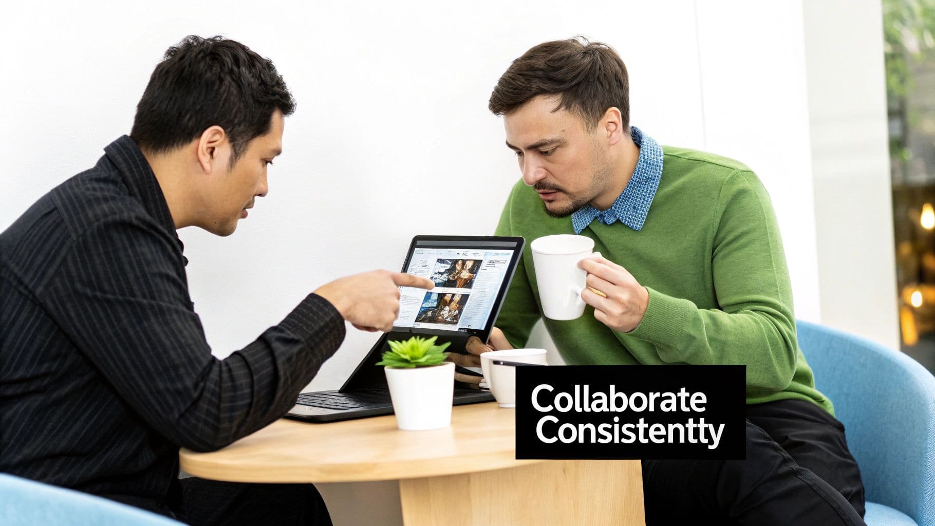 Two men collaborating and discussing content on a laptop screen at a modern office table.
