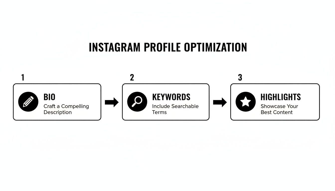 A flowchart outlining three steps for Instagram profile optimization: Bio, Keywords, and Highlights.