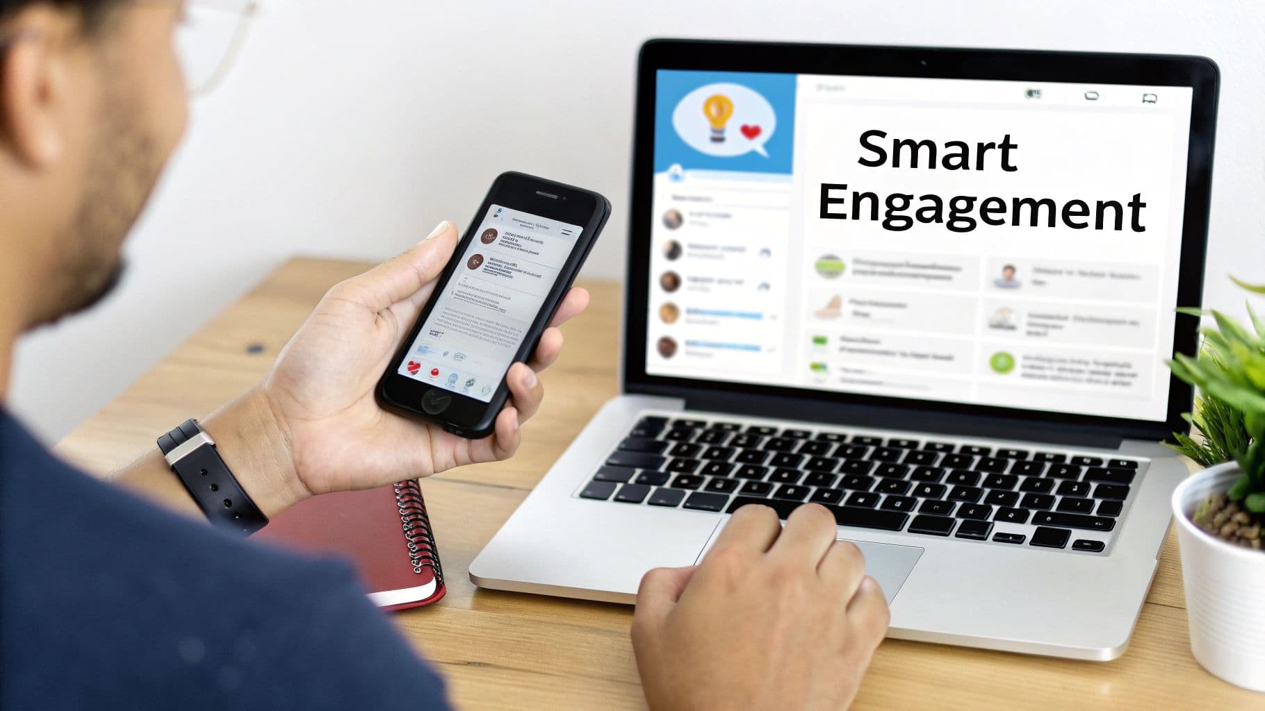 A person uses a smartphone and laptop displaying 'Smart Engagement' for digital communication.