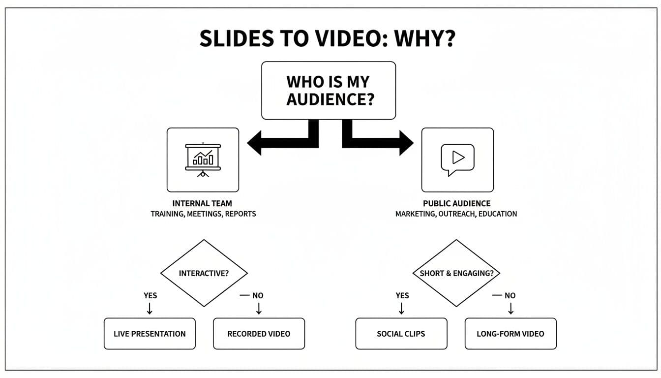 A decision tree flowchart explaining how to convert slides to video based on audience and purpose.
