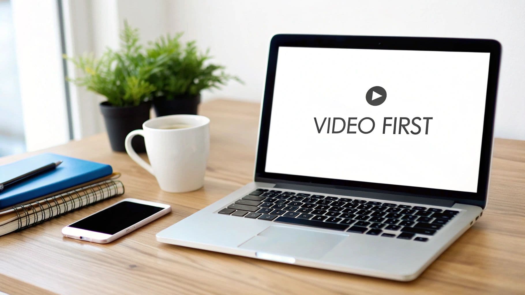 A modern workspace with a laptop displaying 'VIDEO FIRST', a smartphone, coffee, and plants on a wooden desk.