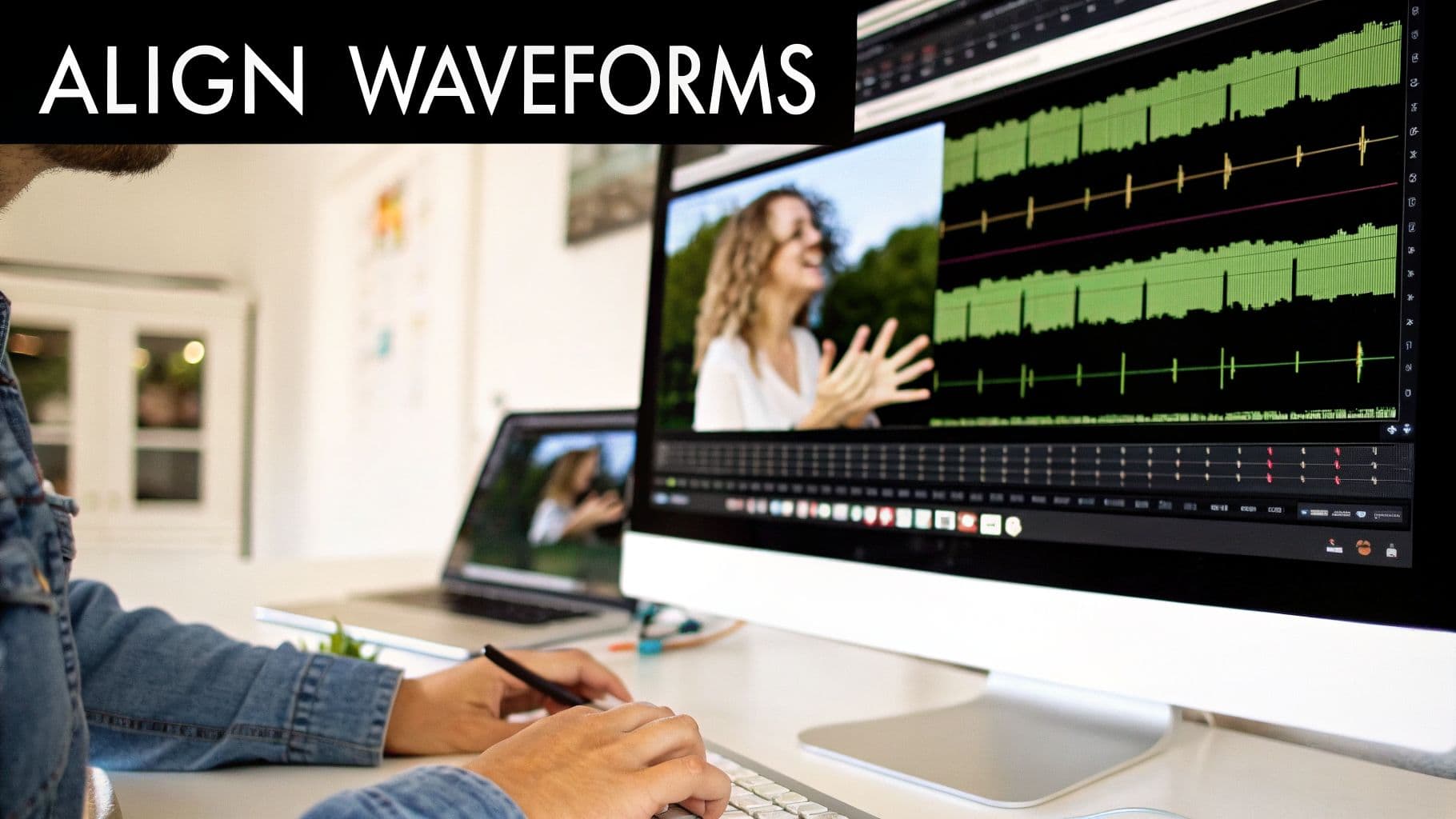 A person editing video on a computer screen displaying a laughing woman and audio waveforms.