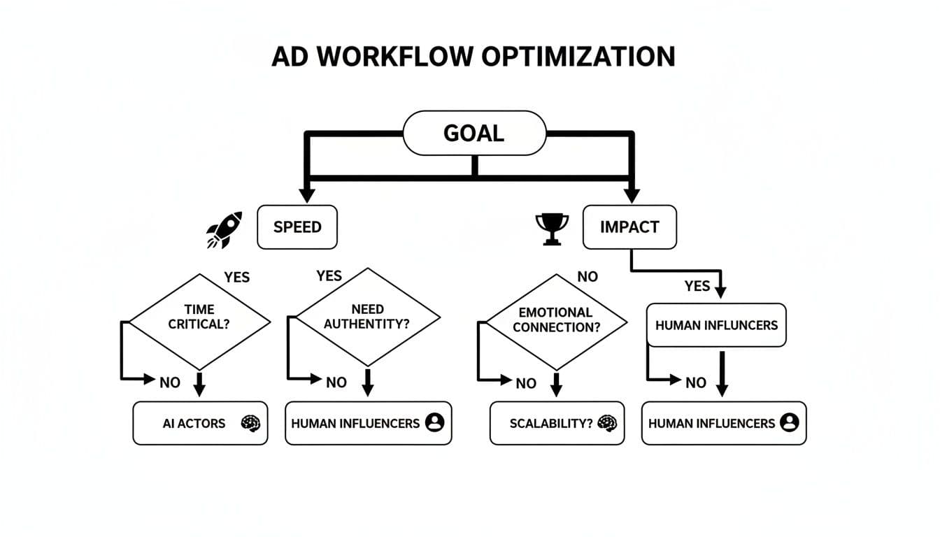 A flowchart demonstrating ad workflow optimization, guiding choices between AI actors and human influencers based on speed and impact goals.
