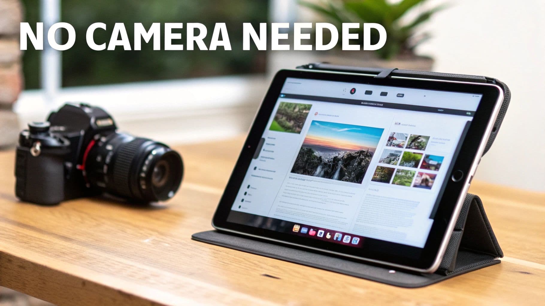 A DSLR camera rests on a wooden table next to a tablet displaying photo galleries, with text 'NO CAMERA NEEDED'.