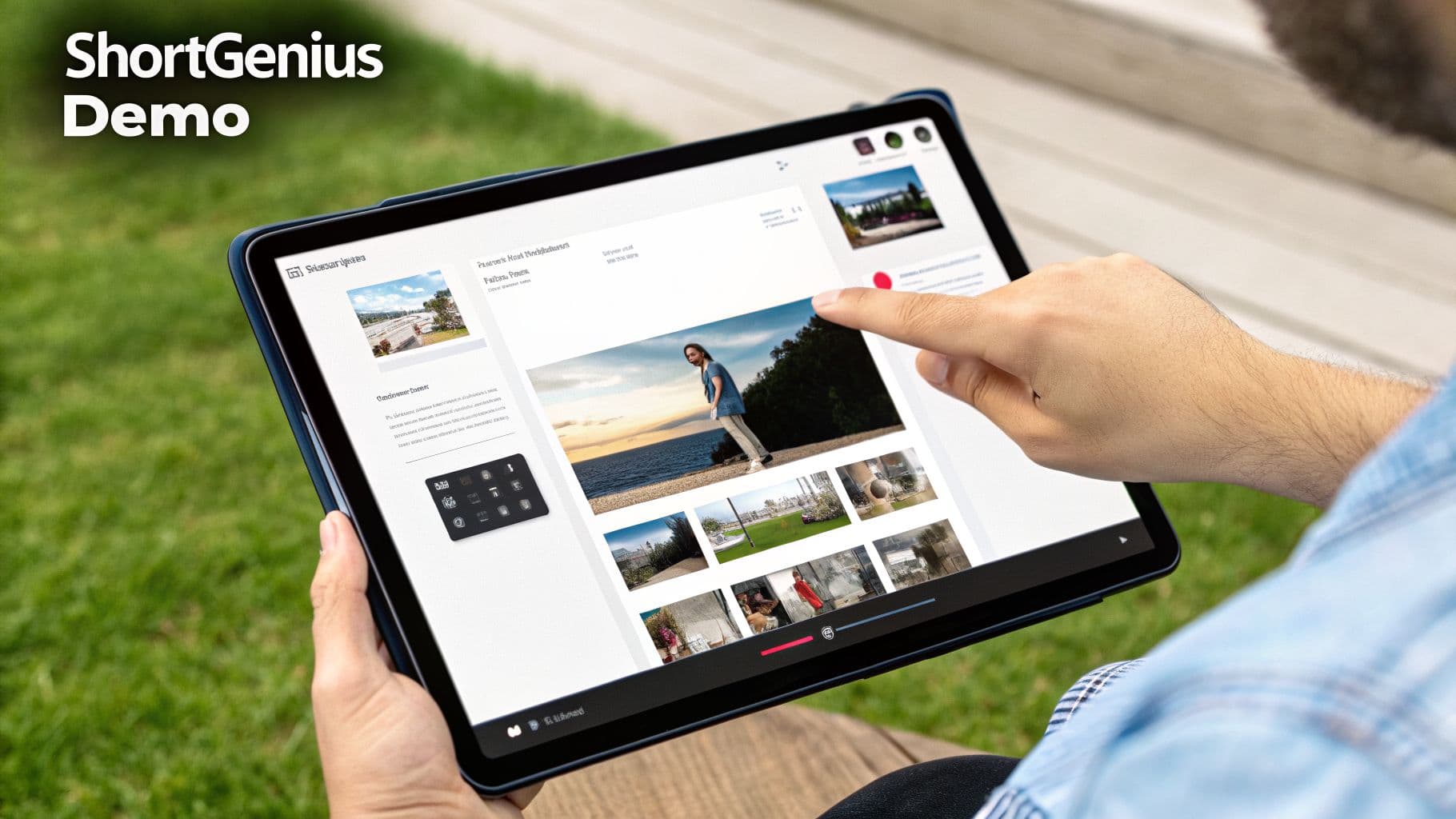 A person interacts with a tablet showing a photo gallery and content from 'ShortGenius Demo' outdoors.