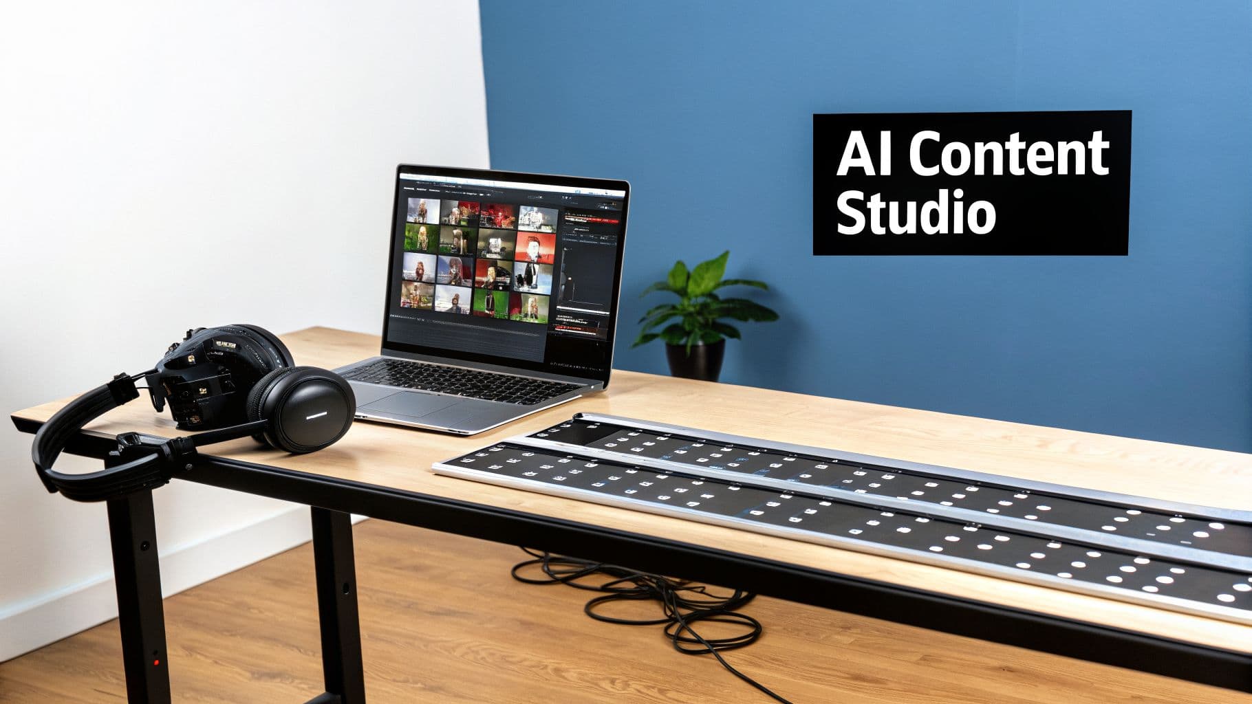 Modern AI content studio desk with a laptop, headphones, and LED panels on a wooden surface.