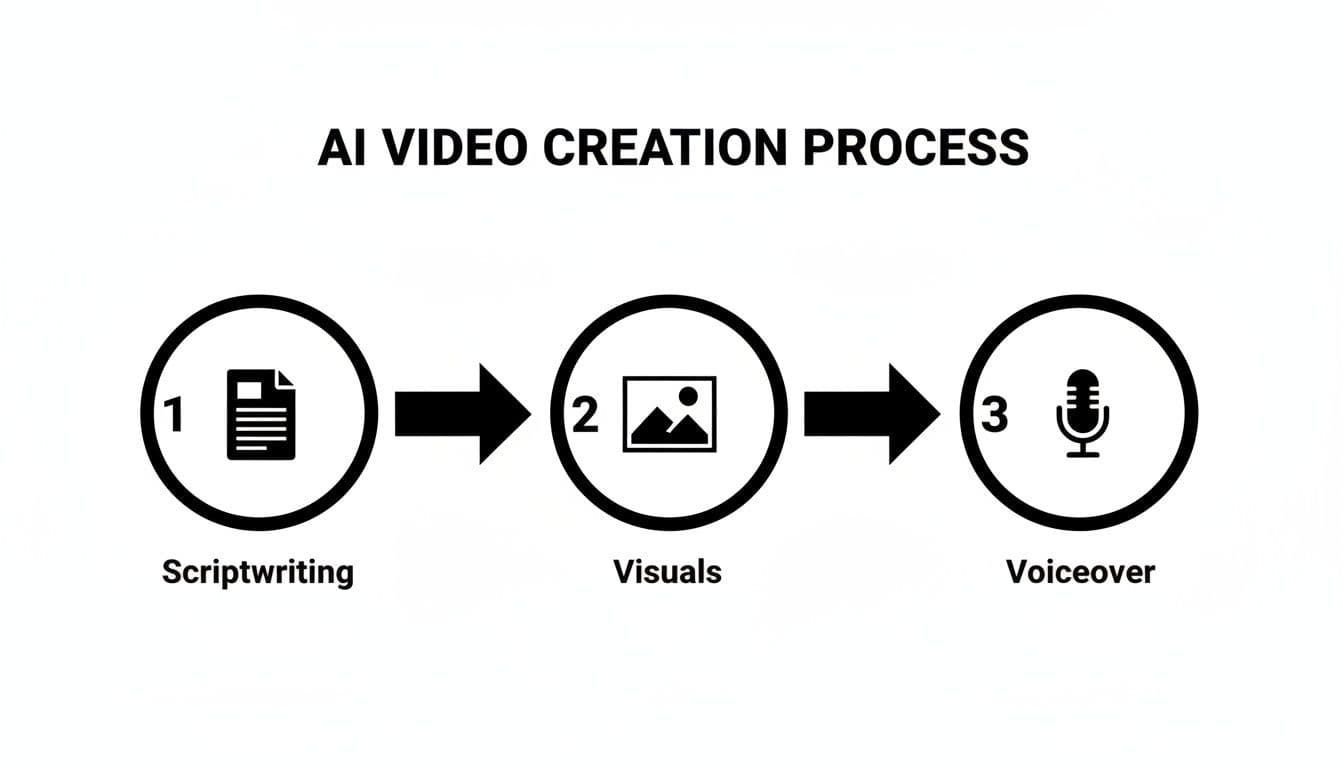 A diagram illustrating the AI video creation process with steps: scriptwriting, visuals, and voiceover.