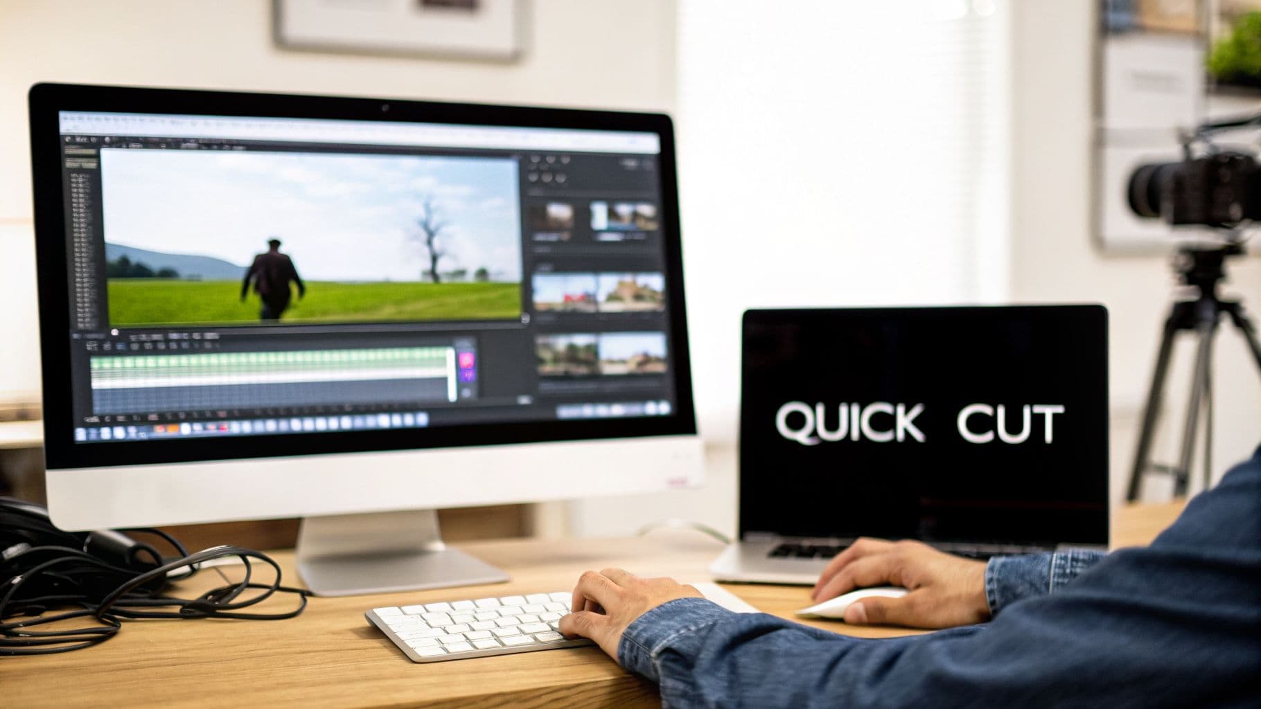 Person editing video on a computer with a monitor showing footage and a laptop.
