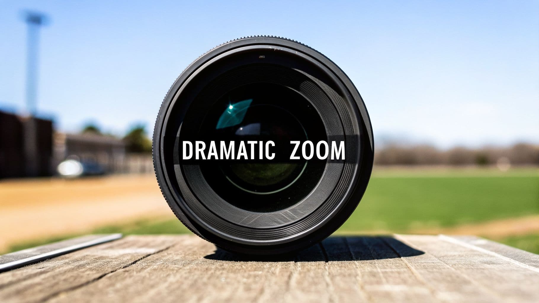 A black camera lens displaying 'DRAMATIC ZOOM' on a wooden surface with a blurred outdoor background.