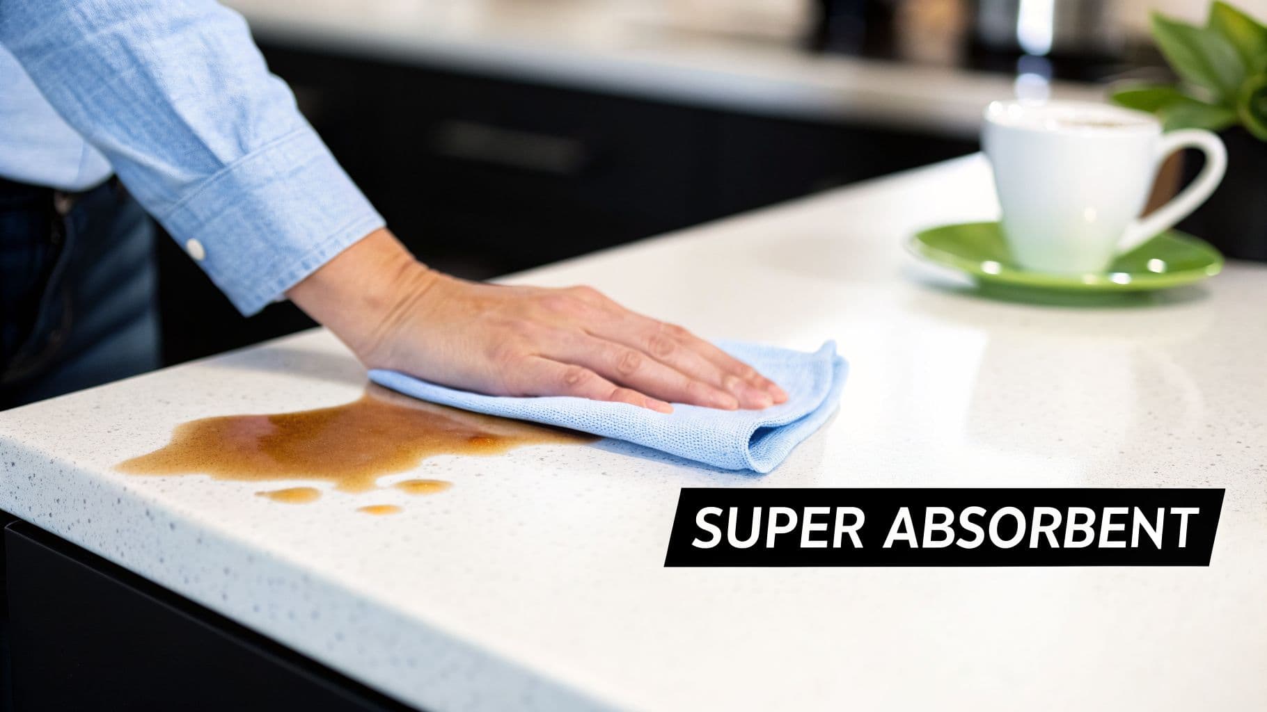 A hand uses a blue microfiber cloth to wipe a brown liquid spill from a white kitchen counter.