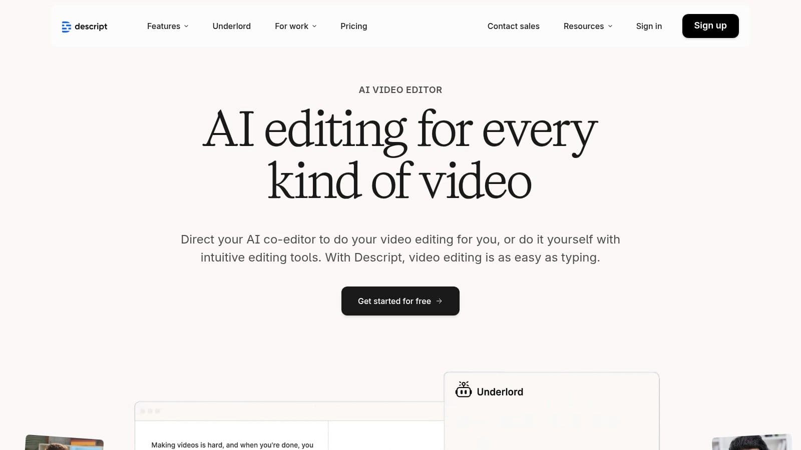 Descript AI video editor interface showing a transcribed video and editing tools.