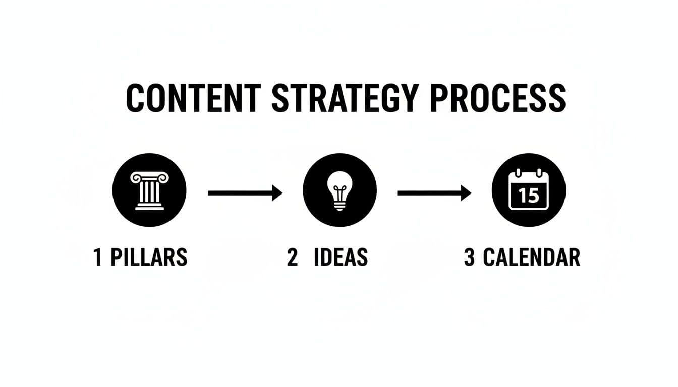 A three-step content strategy process flow: Pillars, Ideas, and Calendar, with corresponding icons.