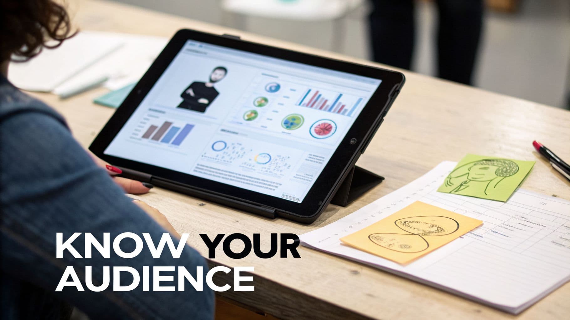 A person views data charts on a tablet, planning a marketing strategy on a wooden desk.