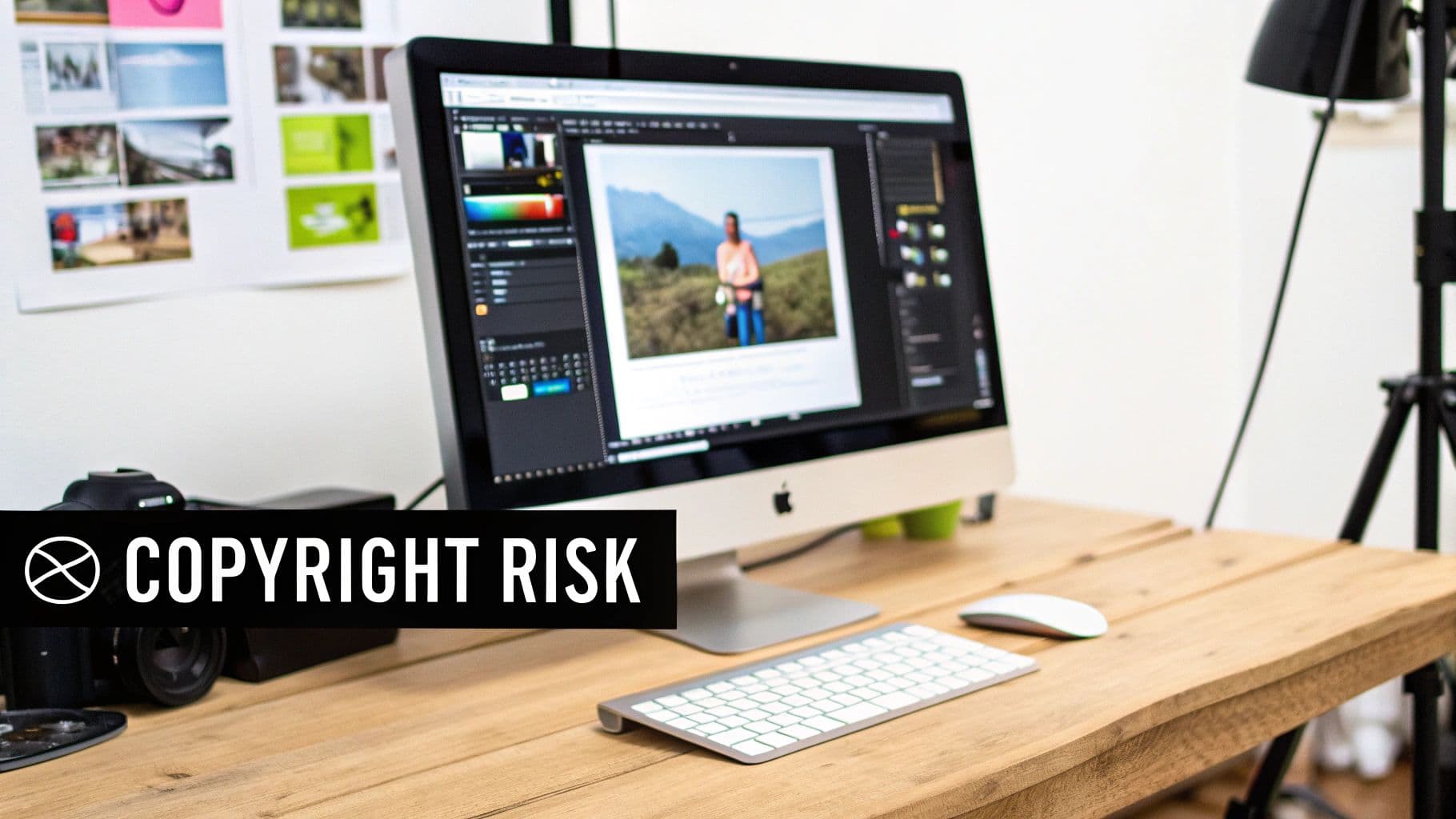 A modern digital workspace with an Apple iMac displaying photo editing software, a camera, keyboard, and mouse on a wooden desk.