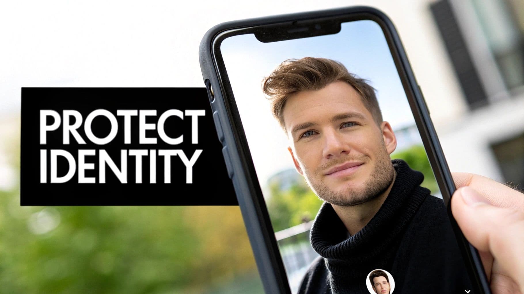 A hand holds a smartphone displaying a man's face, with 'PROTECT IDENTITY' text on a black background.