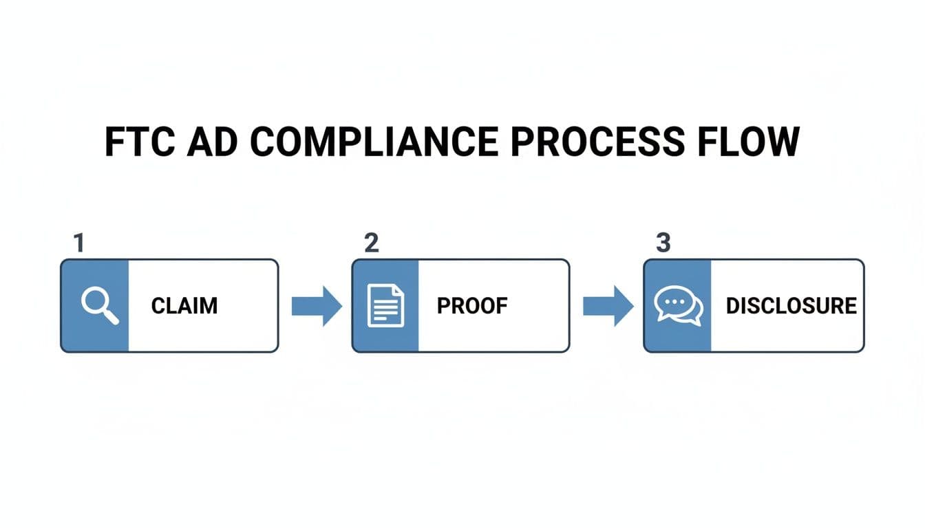 Flowchart illustrating the FTC ad compliance process with three steps: Claim, Proof, and Disclosure.