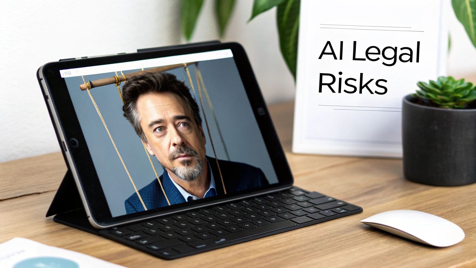 Tablet showing a man as a puppet, with 'AI Legal Risks' sign on a wooden desk.