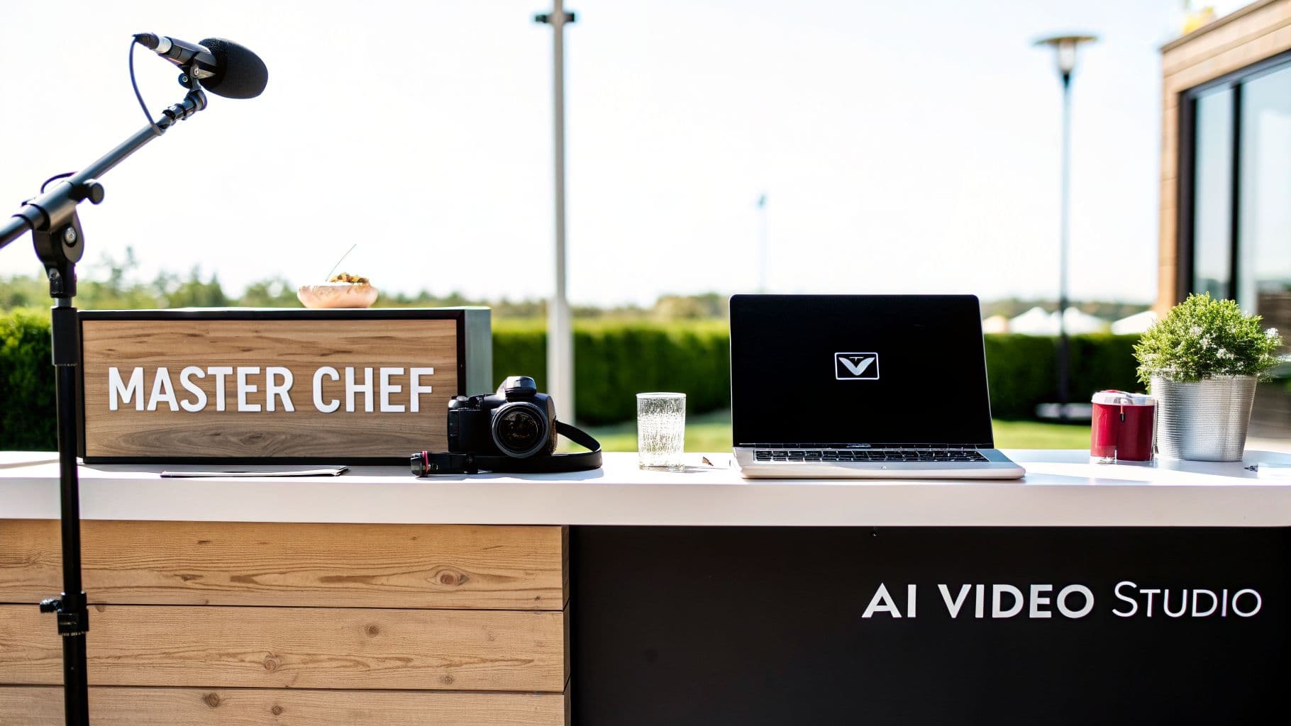 Outdoor video production setup with Master Chef sign, microphone, camera, laptop, and AI Video Studio.