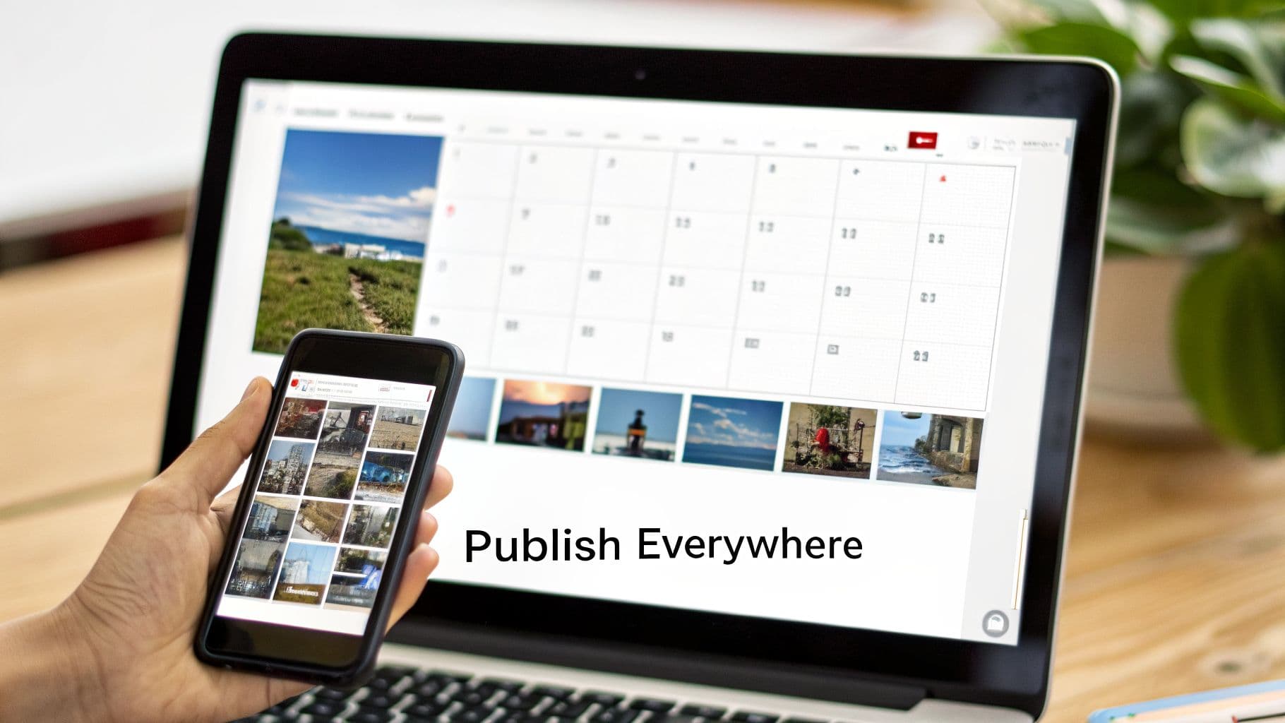 A hand holding a smartphone showing a photo gallery, with a laptop displaying a calendar and 'Publish Everywhere' text.