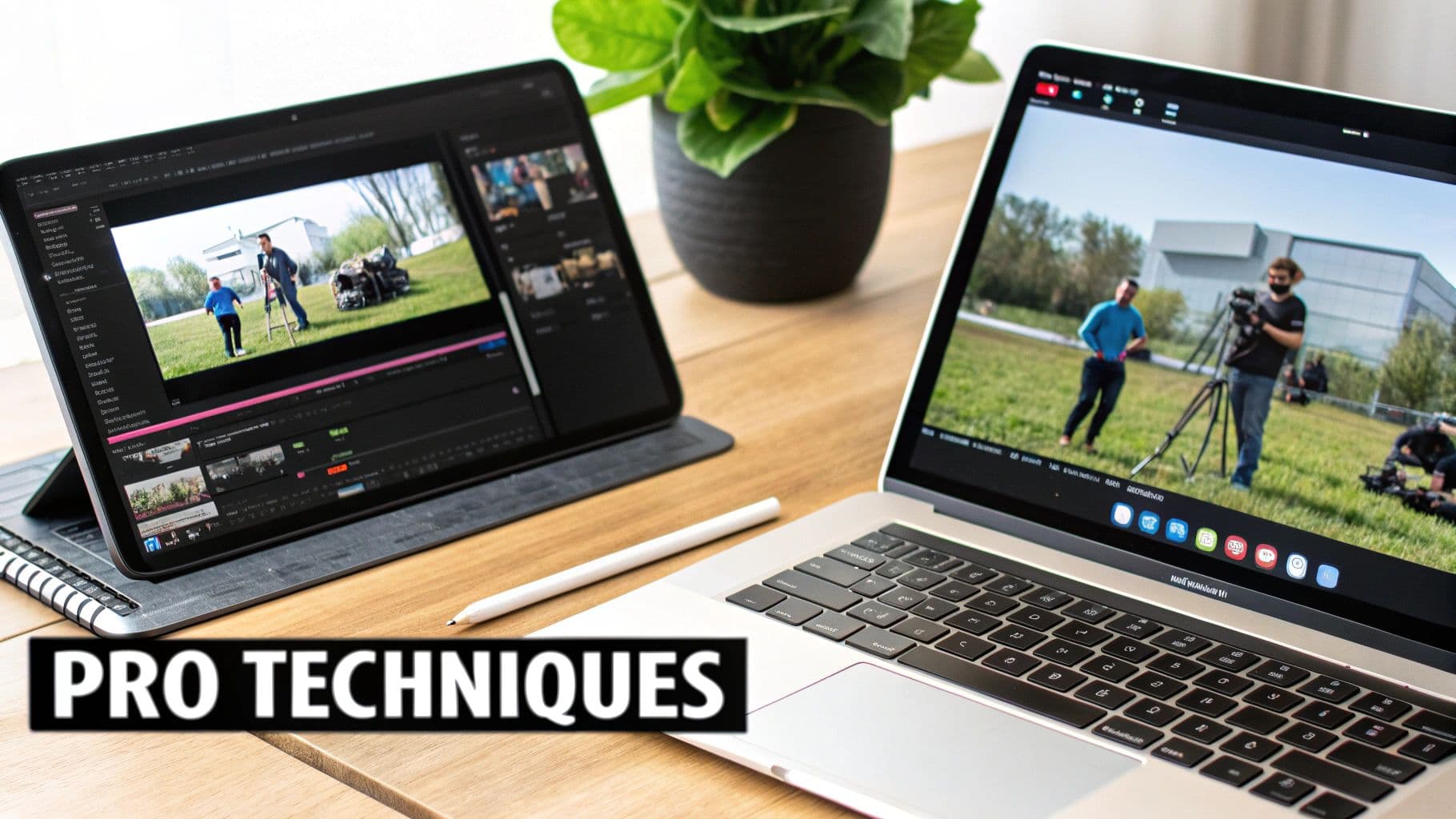 A modern video editing workspace with a tablet and laptop displaying footage, hinting at professional techniques.