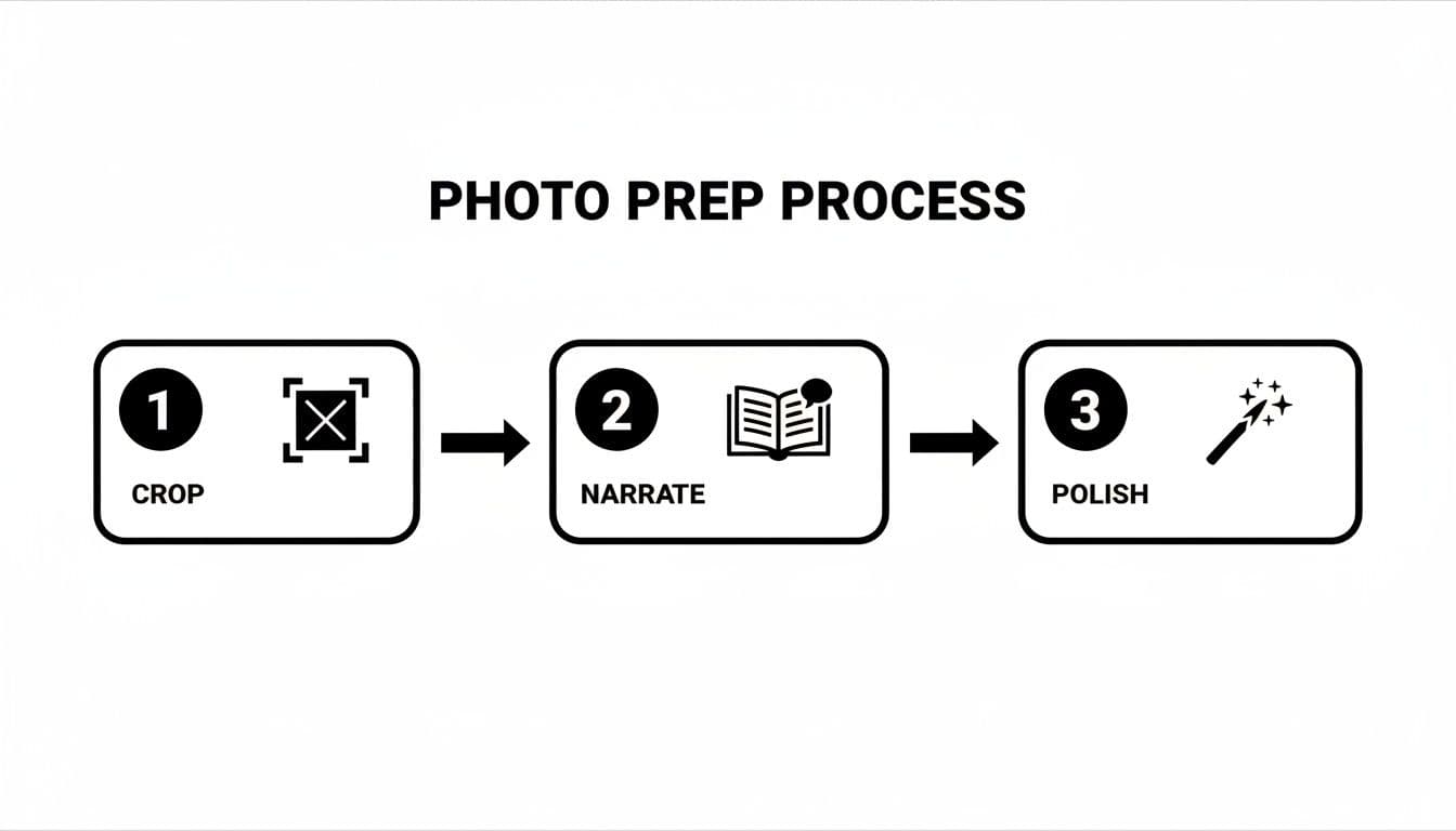 A three-step diagram illustrating the photo preparation process: crop, narrate, and polish, with respective icons.