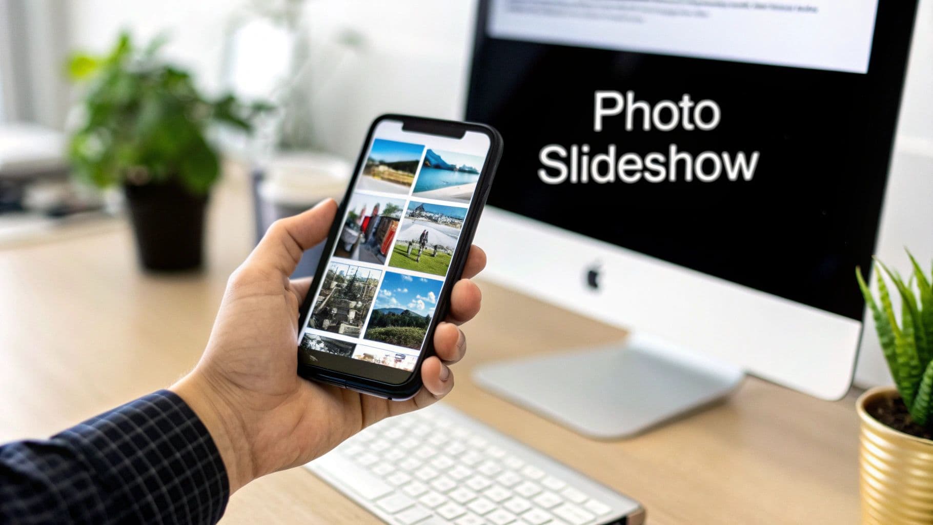 A person holds a smartphone showing a photo gallery, with a desktop computer displaying 'Photo Slideshow' in the background.