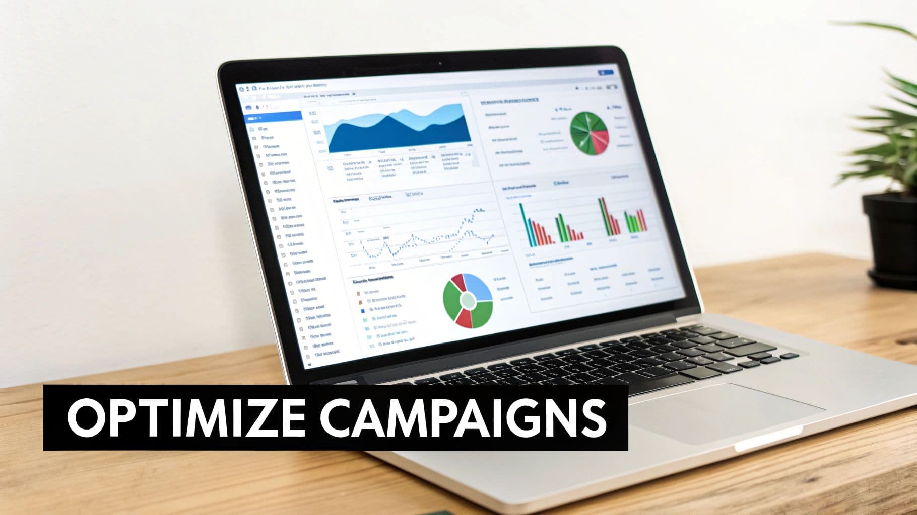 A laptop displaying a data analytics dashboard with charts and graphs for optimizing marketing campaigns on a wooden desk.