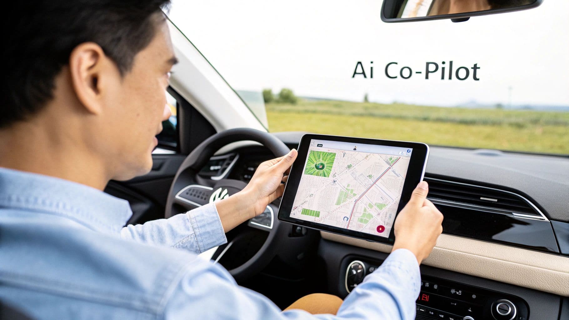 A man in a car uses a tablet displaying a map, with 'Ai Co-Pilot' text in the background.