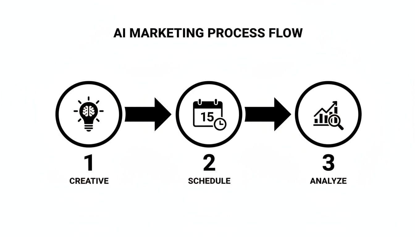 AI marketing process flow with three steps: creative, schedule, and analyze for optimization.